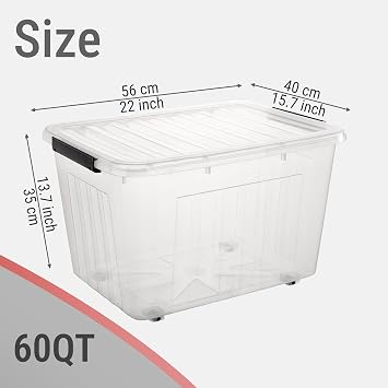 Cetomo 60Qt*4 Plastic Storage Bins, Clear Lidded Storage Box with Wheels, Stackable, 60Quart, Set of 4