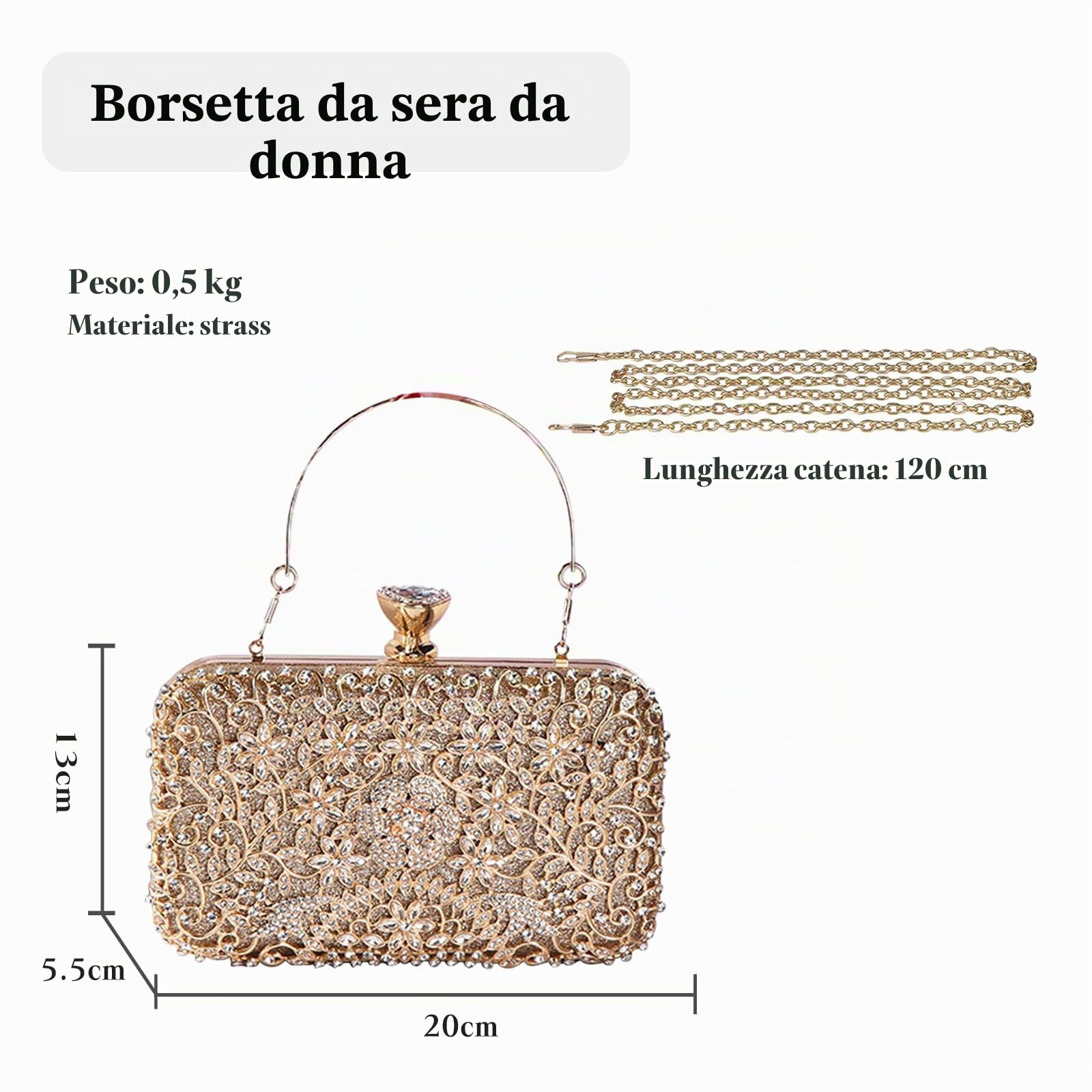 Borsetta da Sera Donna Strass Clutch Pochette Piccolo con Catena Paillettes Borsa a Mano Elegante Borsa a Spalla Borsa a Tracolla per Cocktail Festa Ballo Cerimonia Oro