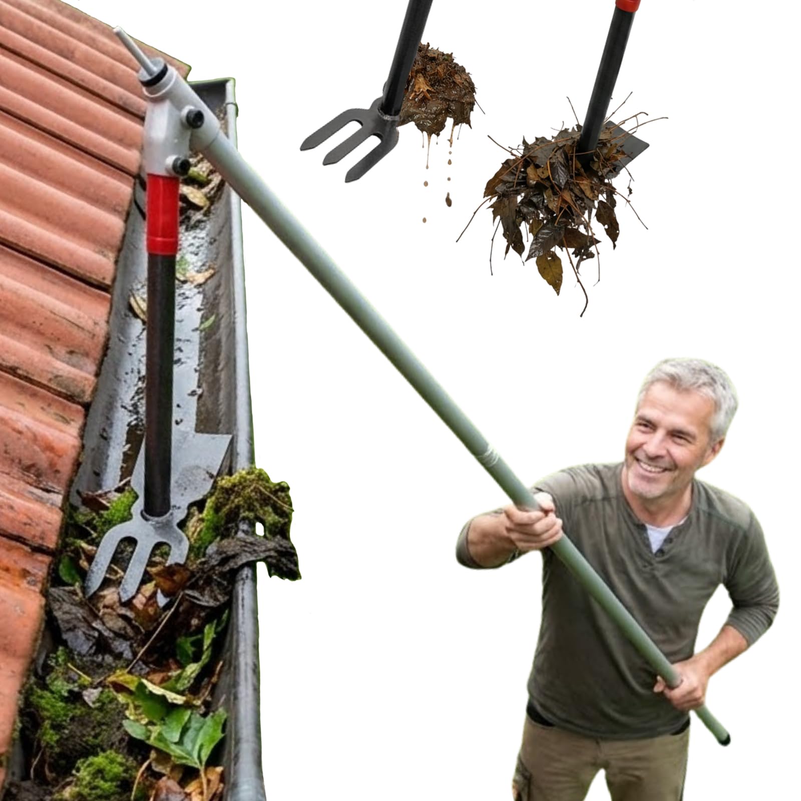 BeGrit Dachrinnenreiniger Dachrinnen Reiniger 3m Ausziehbar Teleskopstiel mit Dachrinnenschaufel entfernt Schmutz & Laub keine Leiter benötigt für Gartengräben Haus und Außenreinigung