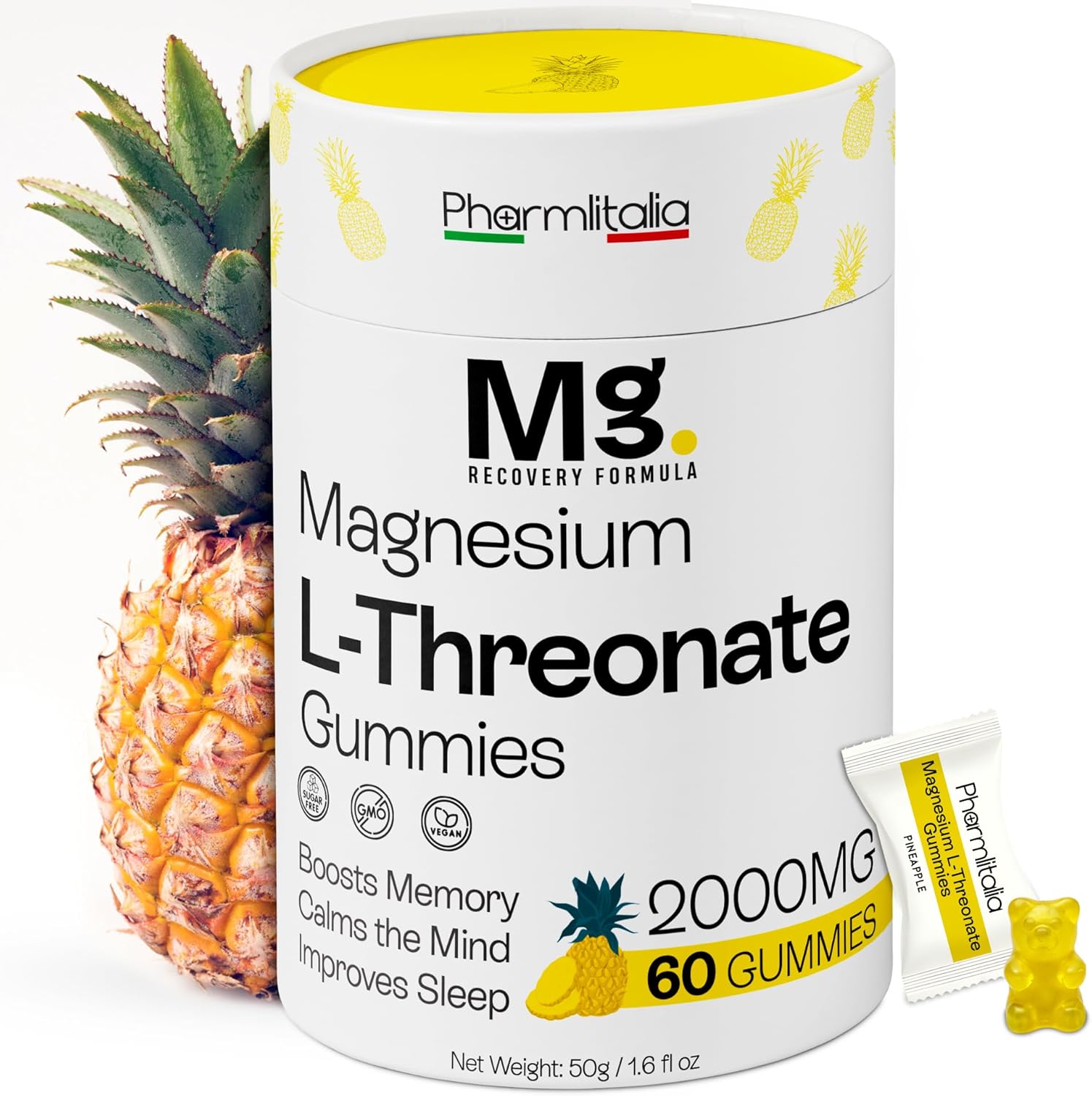 Magnesium L-Threonate Gummies for Adults & Kids 2000mg – Brain Supplements for Memory and Focus - Calm Magnesium Gummies for Improved Sleep and Healthy Mind - 60 Count (Pack of 1)