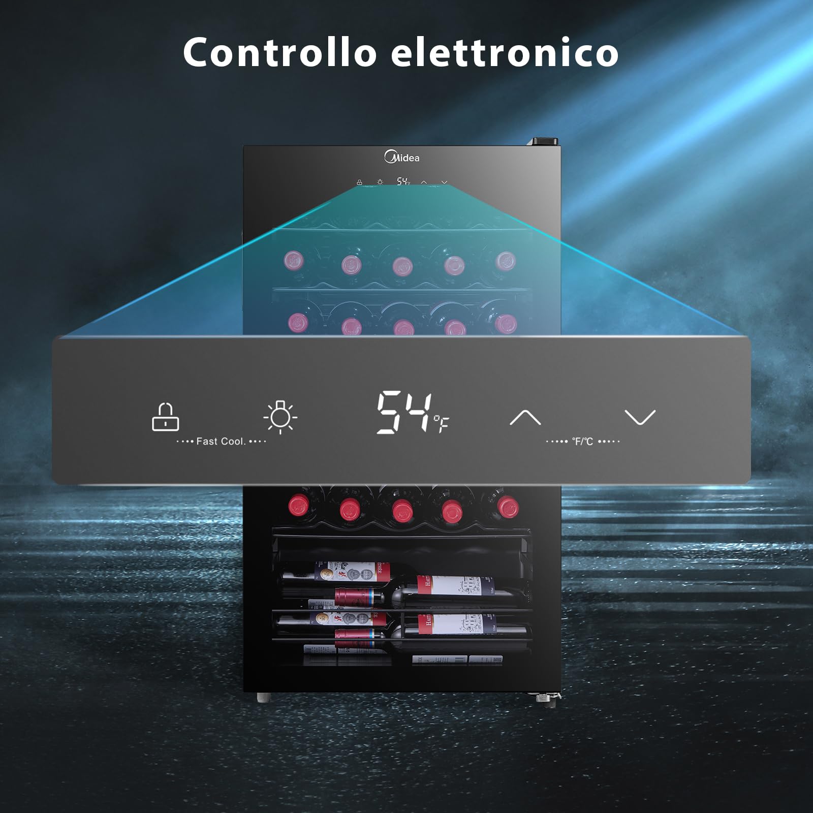 Midea Cantinetta Vino MDRW150FGG22, 34 Bottiglie, 1 Zona 5℃-18℃, Display Touch, Silenziosa 40 dB, Vetro Anti-UV, LED 3D, Installazione Libera, 47x44x84.5 cm, Nero