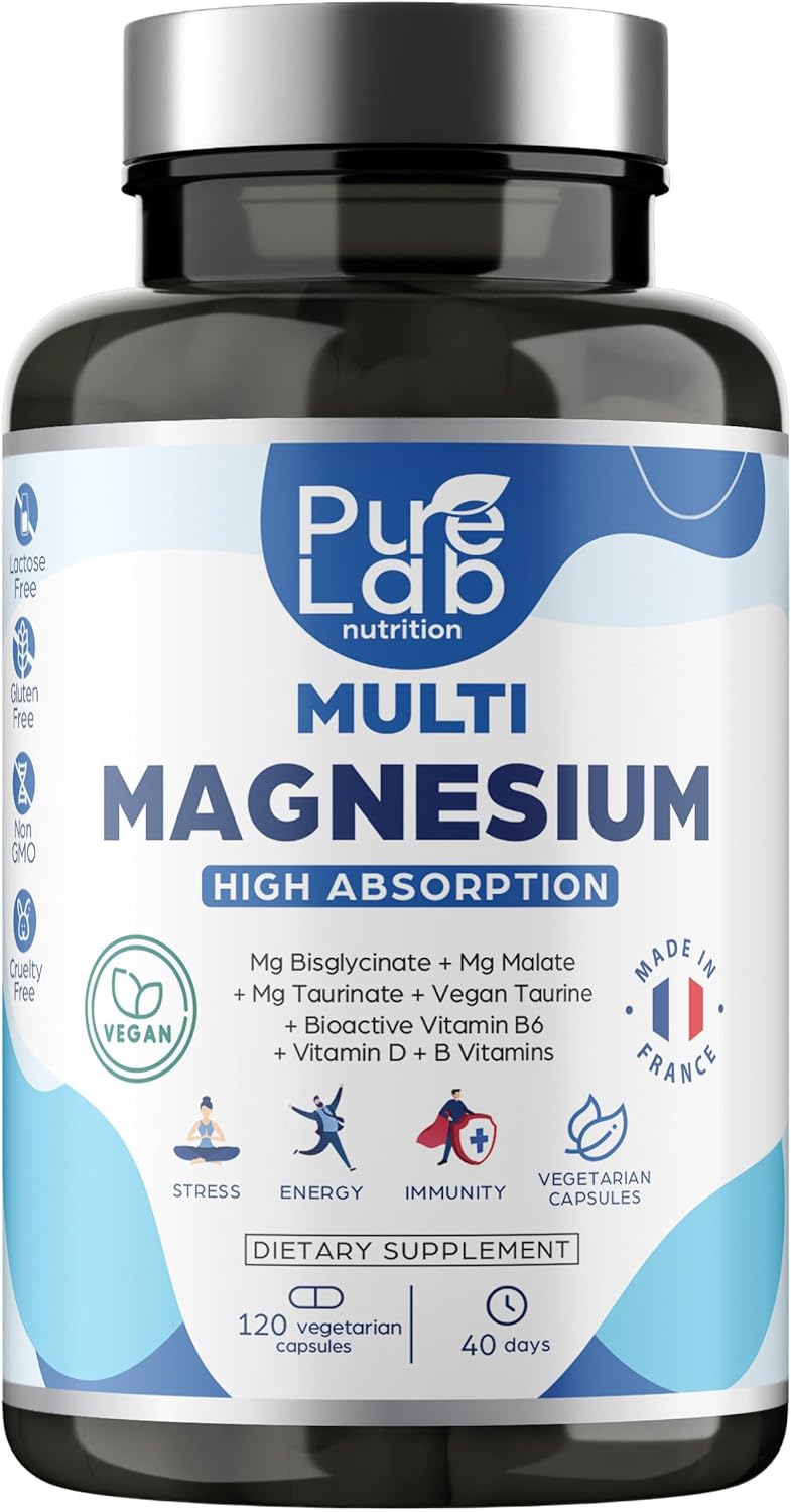 Multi magnesium – bisglycinaat, taurinaat, malaat + veganistische taurine + bioactieve vitamine B6, D, B-complex – vermoeidheid en stress – hoge absorptie – 120 veganistische capsules, kuur 40 dagen