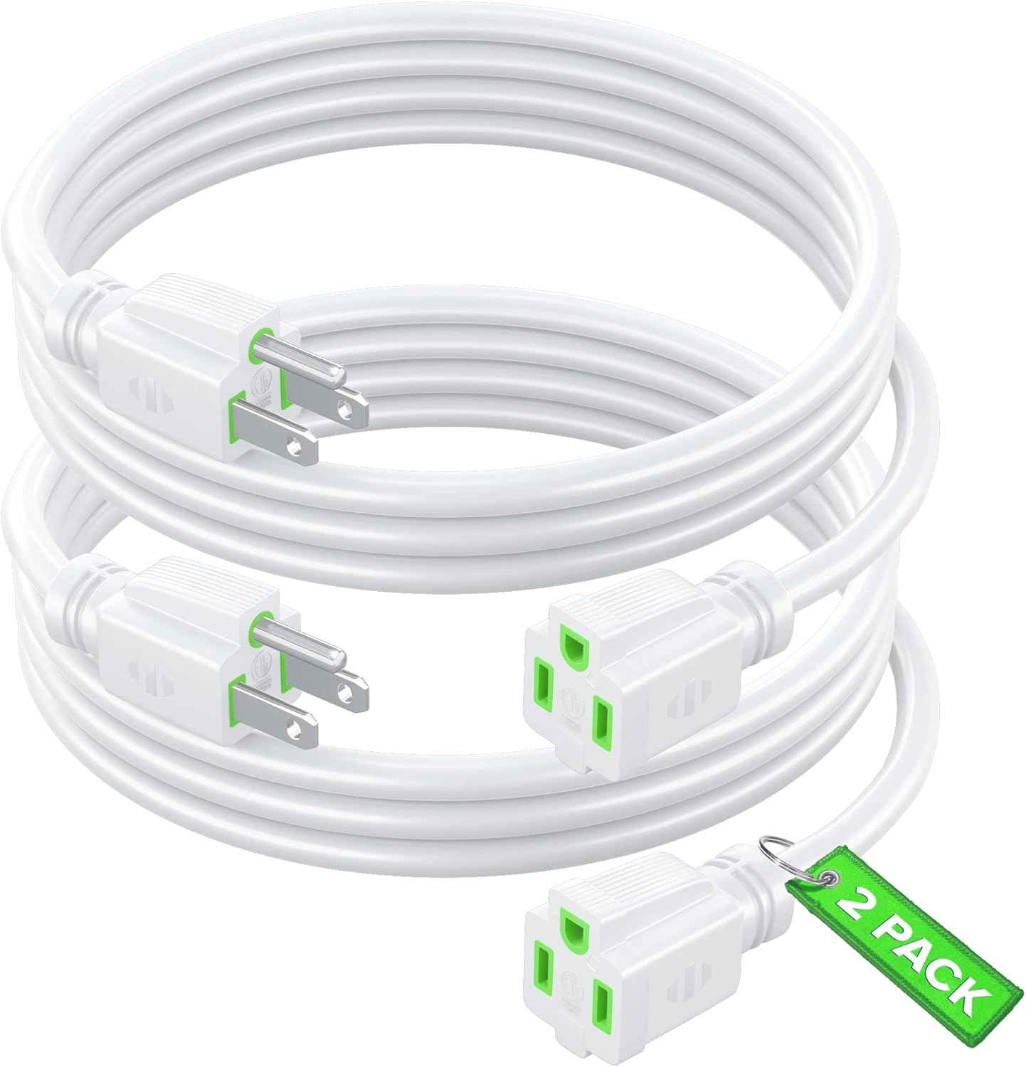 Maximm Extension Cord 1 Ft, 2 Pack White Power Cords Indoor 16 Gauge Wire SJTW Heavy Duty ETL Listed (1Ft, White with Green Indicators, 2 Pack)