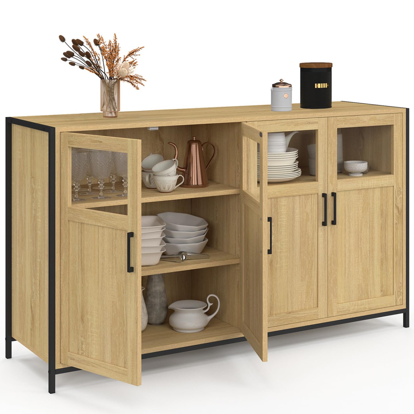 IDMarket - Aparador de 140 cm Detroit 4 puertas con vitrinas de diseño industrial