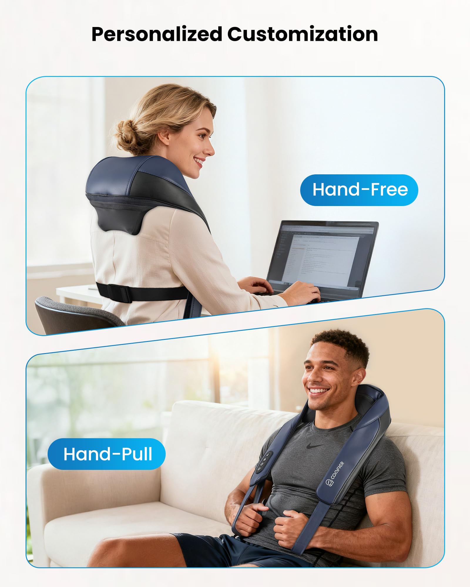 COMFIER Masajeador Cervical Shiatsu con Función de Calor, Masajeador Cervical y Espalda Inalámbrico, Calentamiento con Grafeno, Cojín de Masaje 4D con Función de Amasamiento, Regalo Hombre Mujer