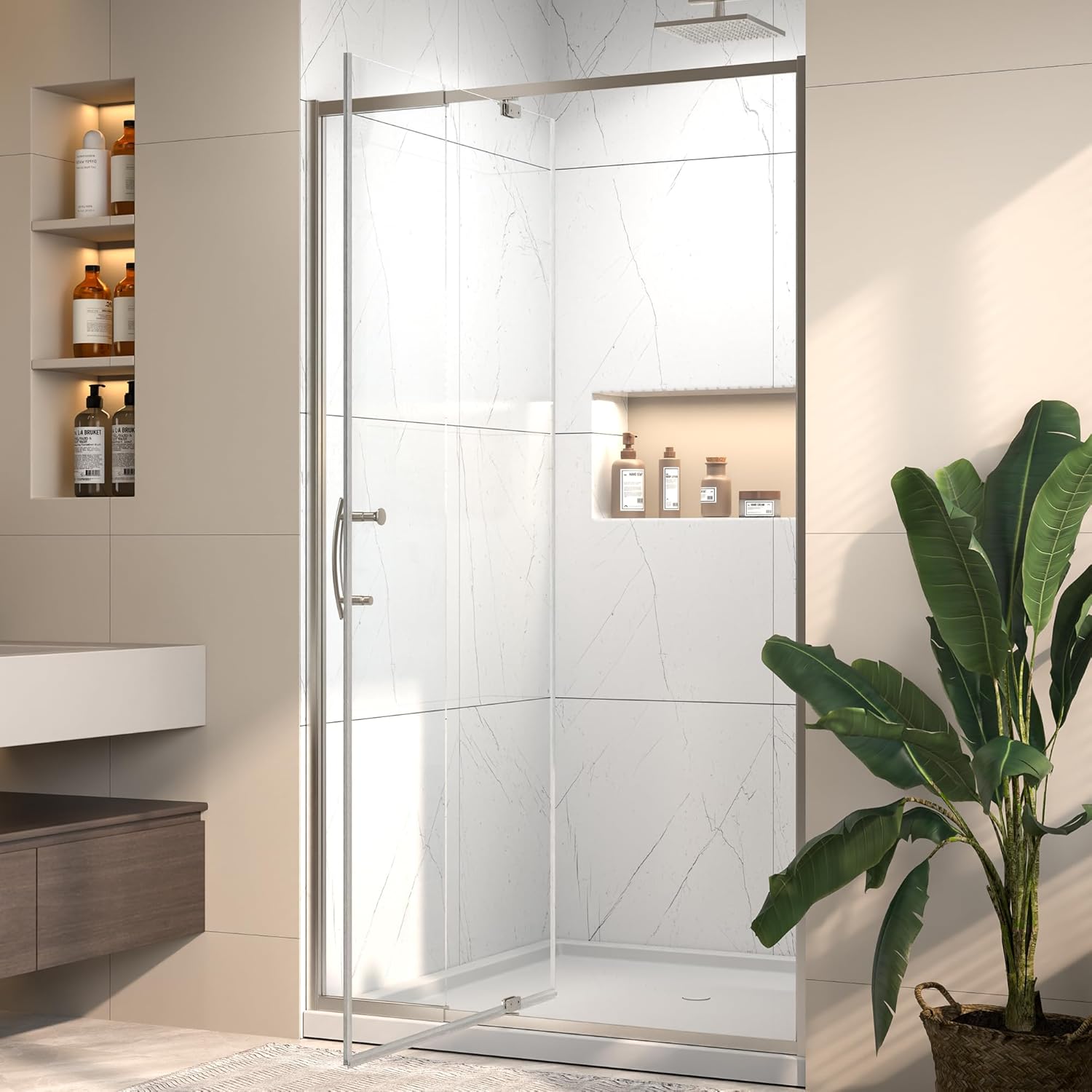 Pivot Shower Door, 38-42" W x 71" H Semi-Frameless Swing Glass Shower Door with 1/4"(6mm) Clear SGCC Tempered Glass, Reversible Installation, Brushed Nickel Finish