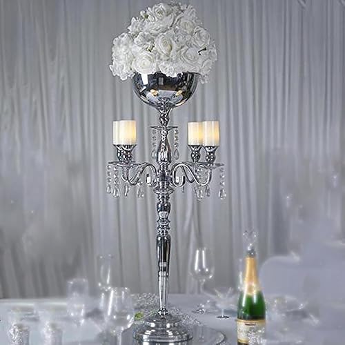 Efavormart - Candelabro votivo de metal plateado de 33 pulgadas con 4 brazos, cuenco de florero
