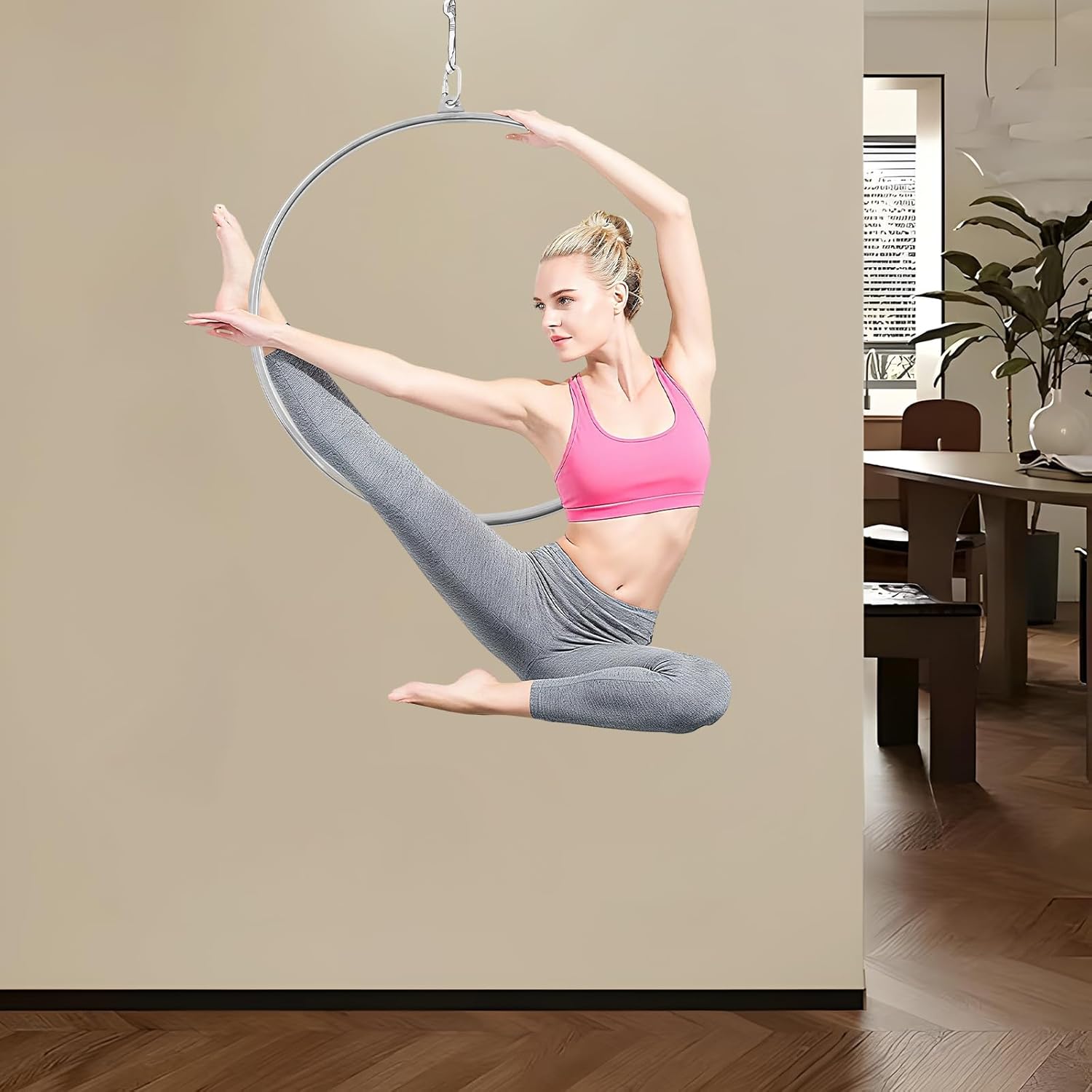 25mm Aerial Hoop, 253lbs Max Load Gymnastics Rings, 210 Stainless Steel Single-Point Swinging Rings with Nylon Rope & Fixing Plate for Fitness/Dance/Performance (Silver)
