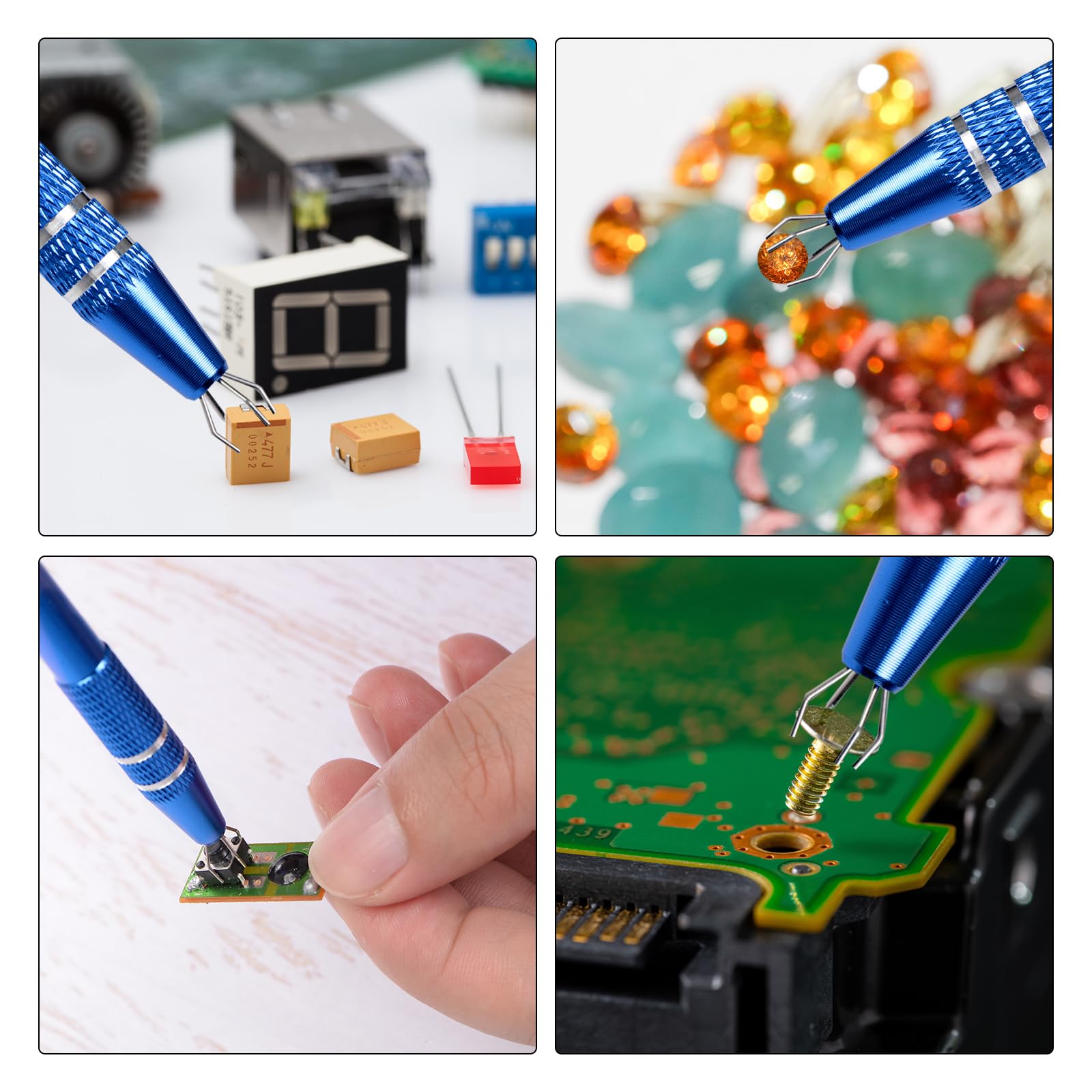 QUARKZMAN 3 sztuki 4-zaczepowe narzędzie chwytające kulkę ze stali nierdzewnej jubilerskie narzędzie chwytające 4 zęby chwytak do elementów elektronicznych chipów, niebieski/czerwony/brązowy