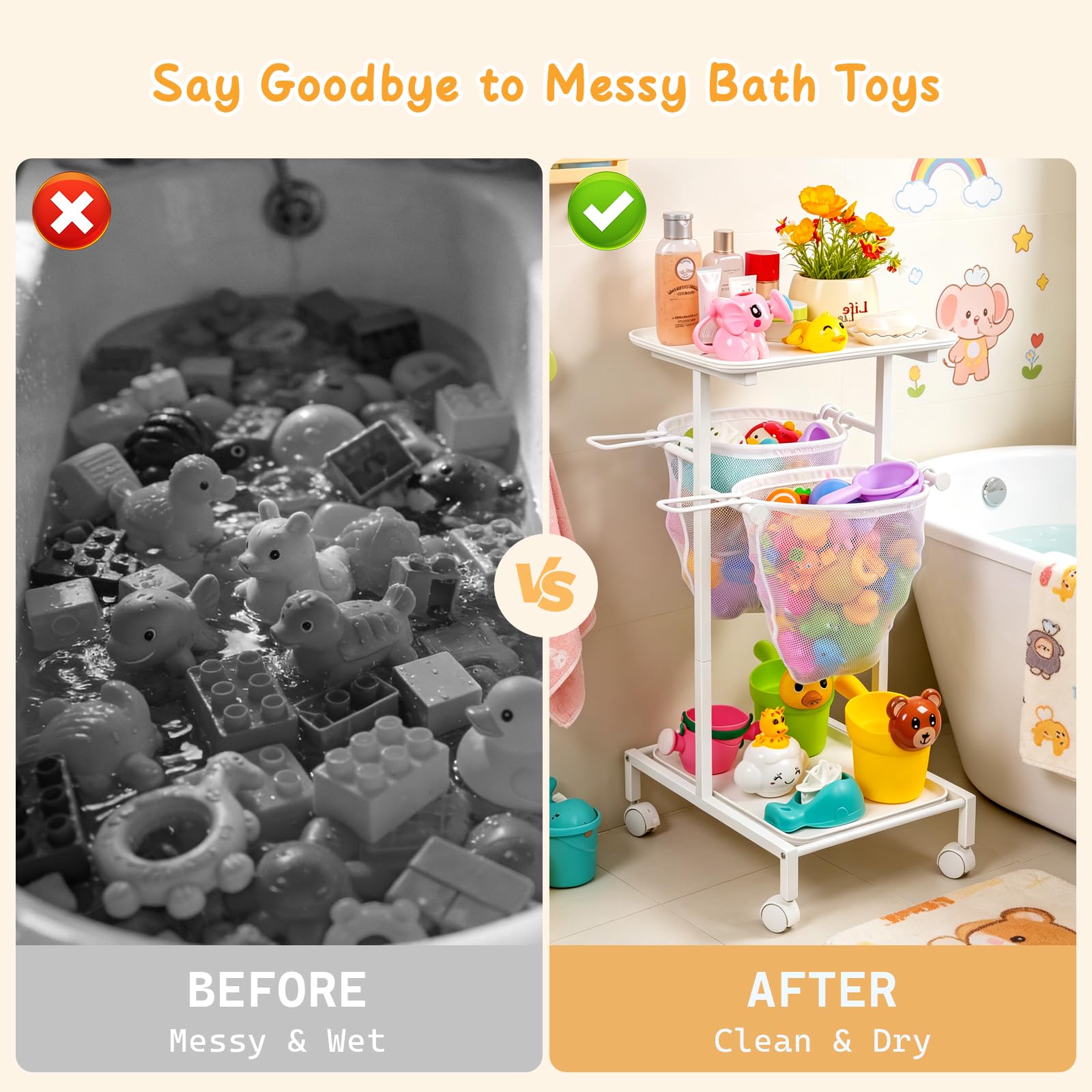 Organizador Juguetes de Baño - Carrito para Juguetes de Bañera con Ruedas | Carrito de almacenamiento para juguetes de baño de bebé, con 2 redes de secado rápido y estantes de ducha portátiles.