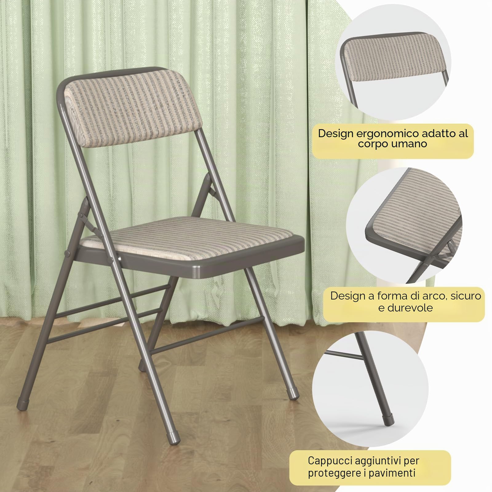 Set 2 Sedie Pieghevoli Salvaspazio con Imbottitura per Interno ed Esterno | Sedia Pieghevole a Righe Impilabile in Acciaio per Casa Ufficio campeggio Festa ed Eventi, Dotato di Tappetino Antiscivolo