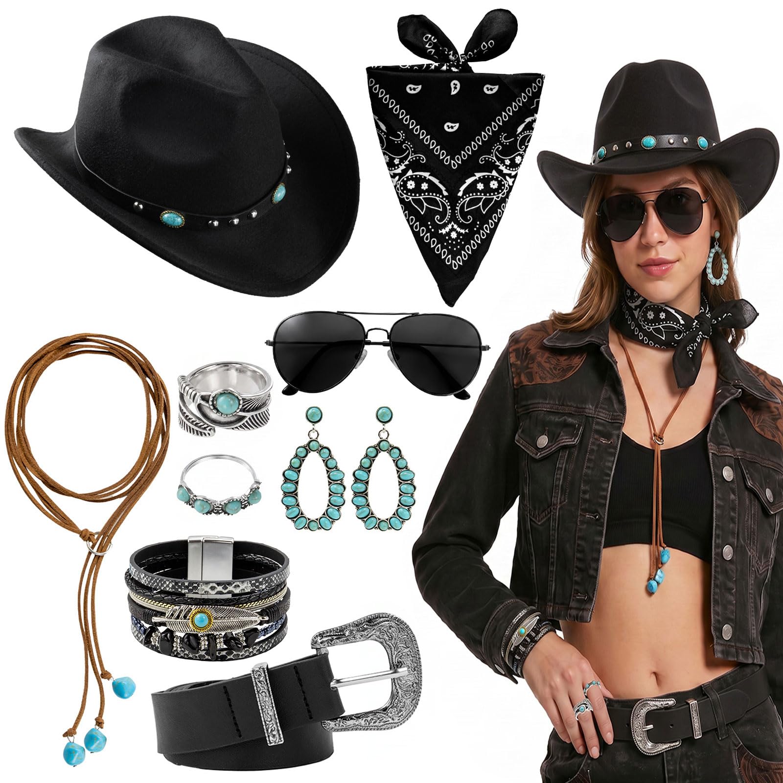 9PCS Cowgirl Outfits for Women Accessories Cowgirl Hat Western Outfits