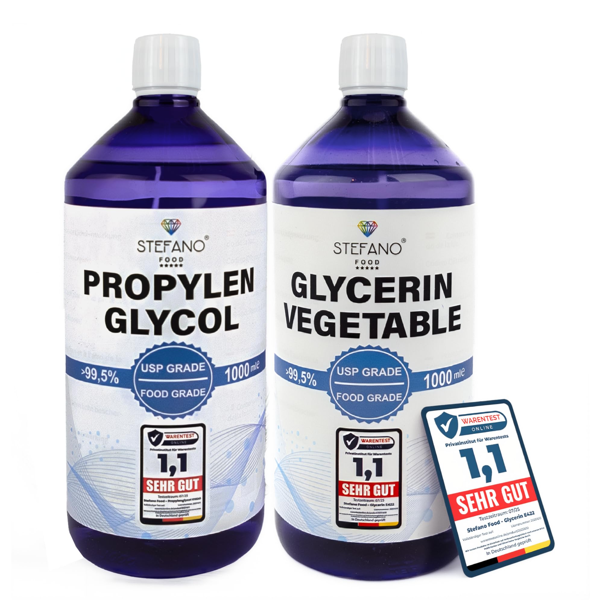 STEFANO FOOD® Glycerin (VG) 99,7% + Propylenglycol (PG) 99,8% - 2x1000ml flüssig [Set] - 100% Pflanzenbasiert - USP Lebensmittelqualität - E422+E1520 - Sicherheitsverschluss