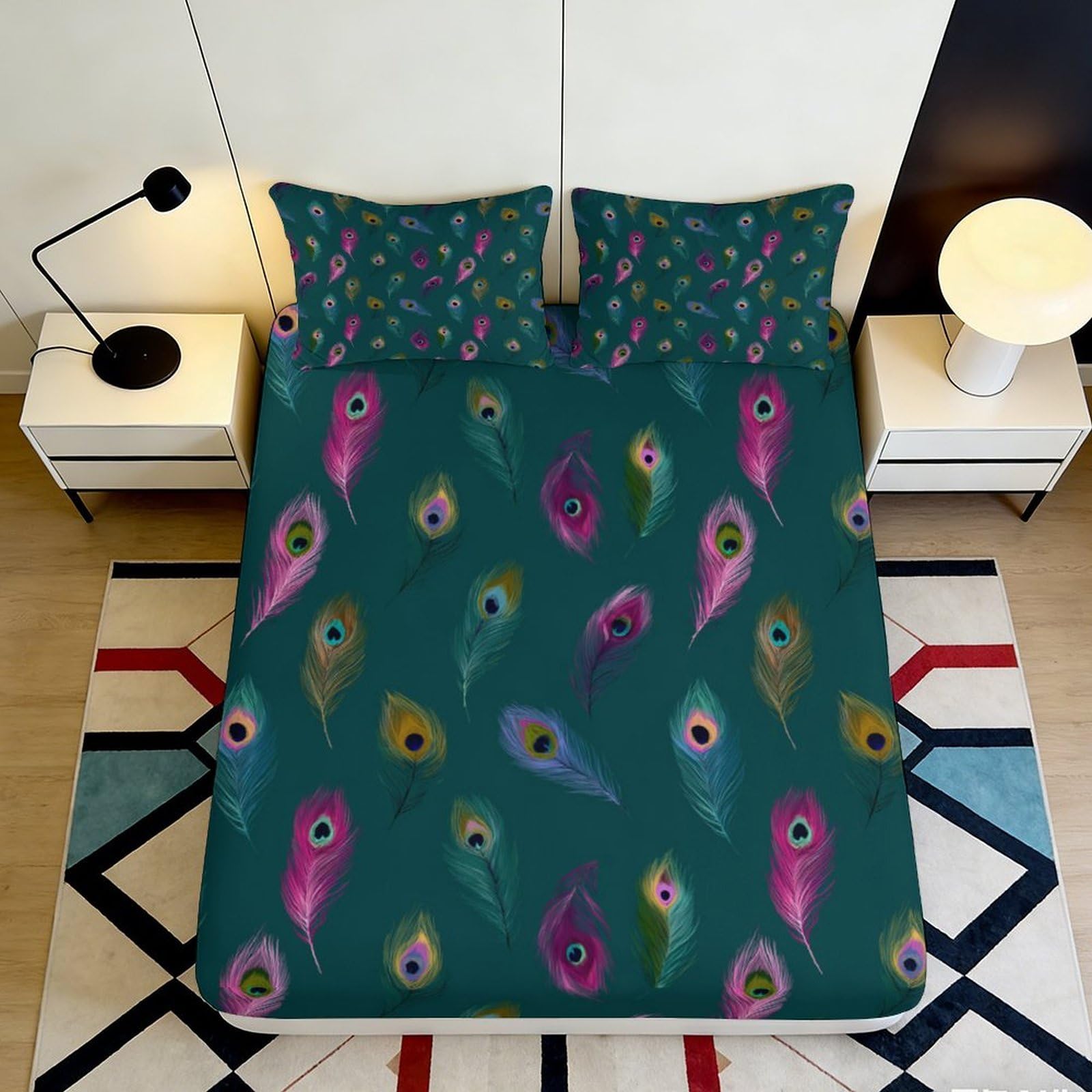 3D Printed Peacock Feather Fitted Sheet Microfiber Soft Breathable Colorful Feather Bed Cover for Bedroom Dormitory Guest Room Mattress Protection 140x200x25cm