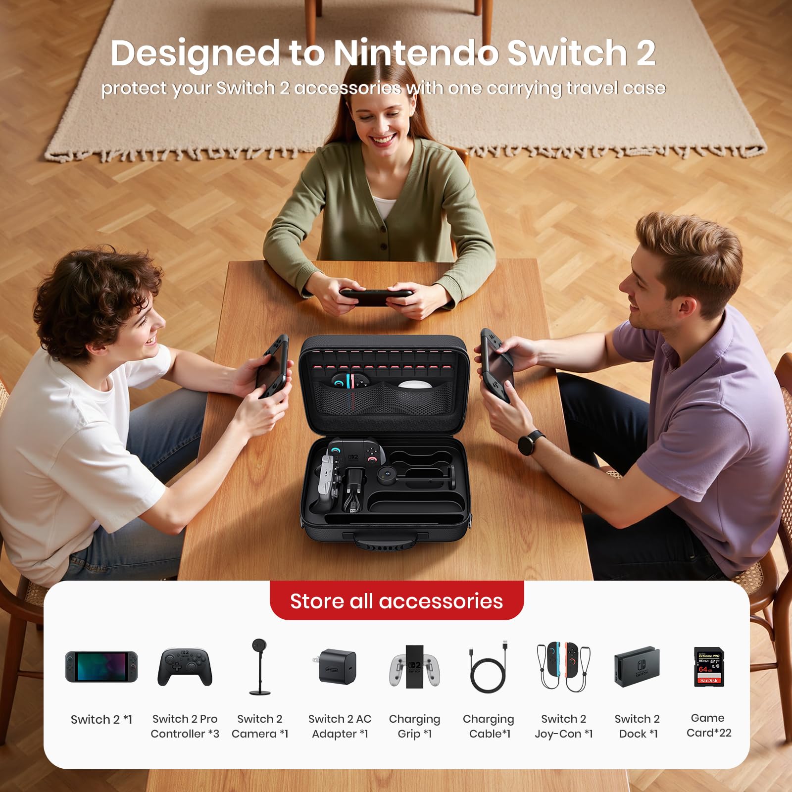 Lmcpa Funda para Nintendo Switch 2,Funda Protectora Dura de Viaje Rígida Todo en uno Grande,Estuche Rígida Portátil con Protección 22 Ranuras para Juegos para Switch 2 Accesorios,Negro - 3