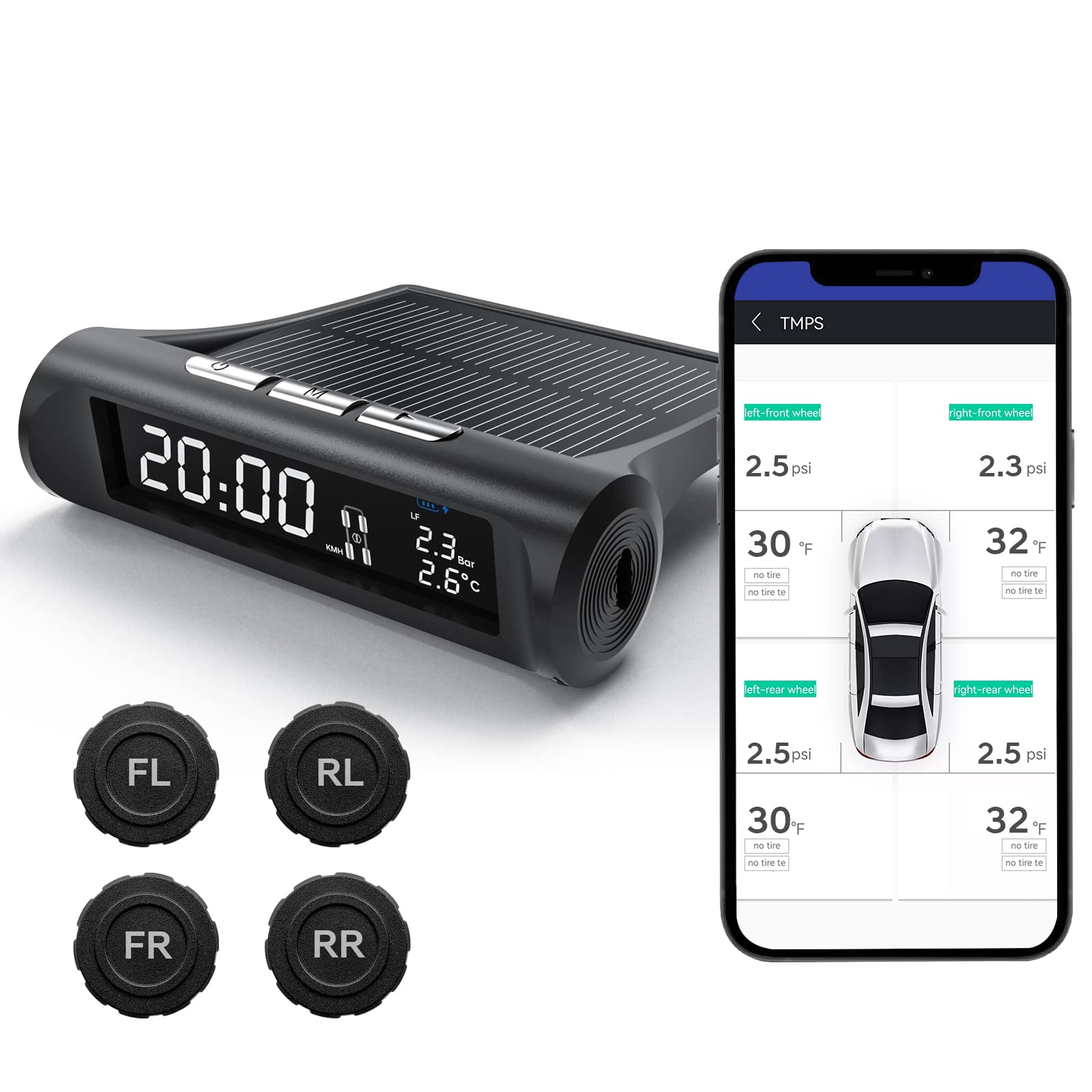 AGhappy Tire Pressure Monitoring System, Support Mobile APP Connection, with 4 Tmps sensors, Support iOS and Android, Real-time Display of Pressure and tire Temperature, time/Speed Display