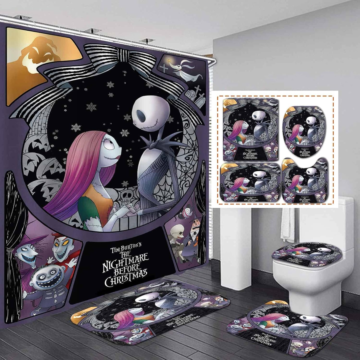 LAYINUSG 4Pcs Nightmare Before Christmas Shower Curtain Set with NonSlip Rugs