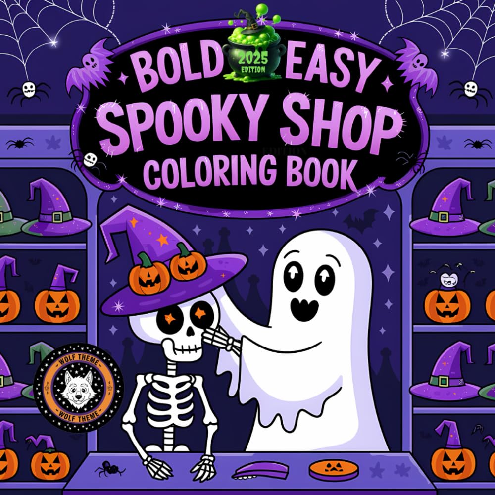 Bold and Easy Spooky Shop Coloring Book: Cute Werewolf Coloring Book for Kids | Cozy Halloween Fun with Wolves, Pumpkins, and Full Moons
