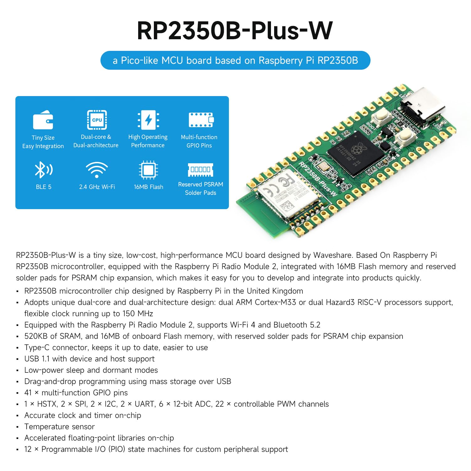 Placa de Desenvolvimento RP2350B-Plus-W, Microcontrolador Raspberry Pi RP2350B d