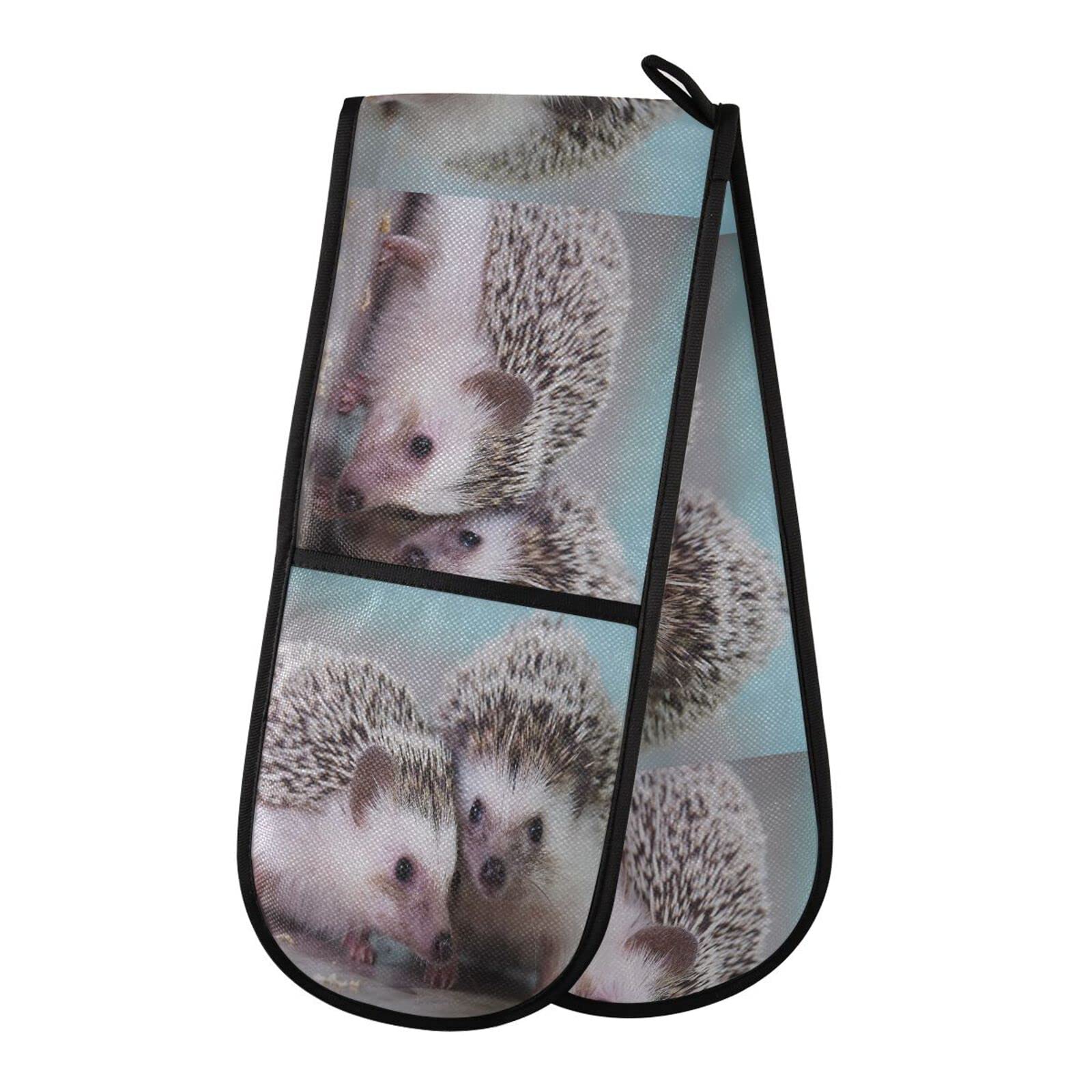 Double Oven Glove Cute Hedgehog Print Heat Resistant Double Ovens Mitt Modern Cooking Gloves Potholders