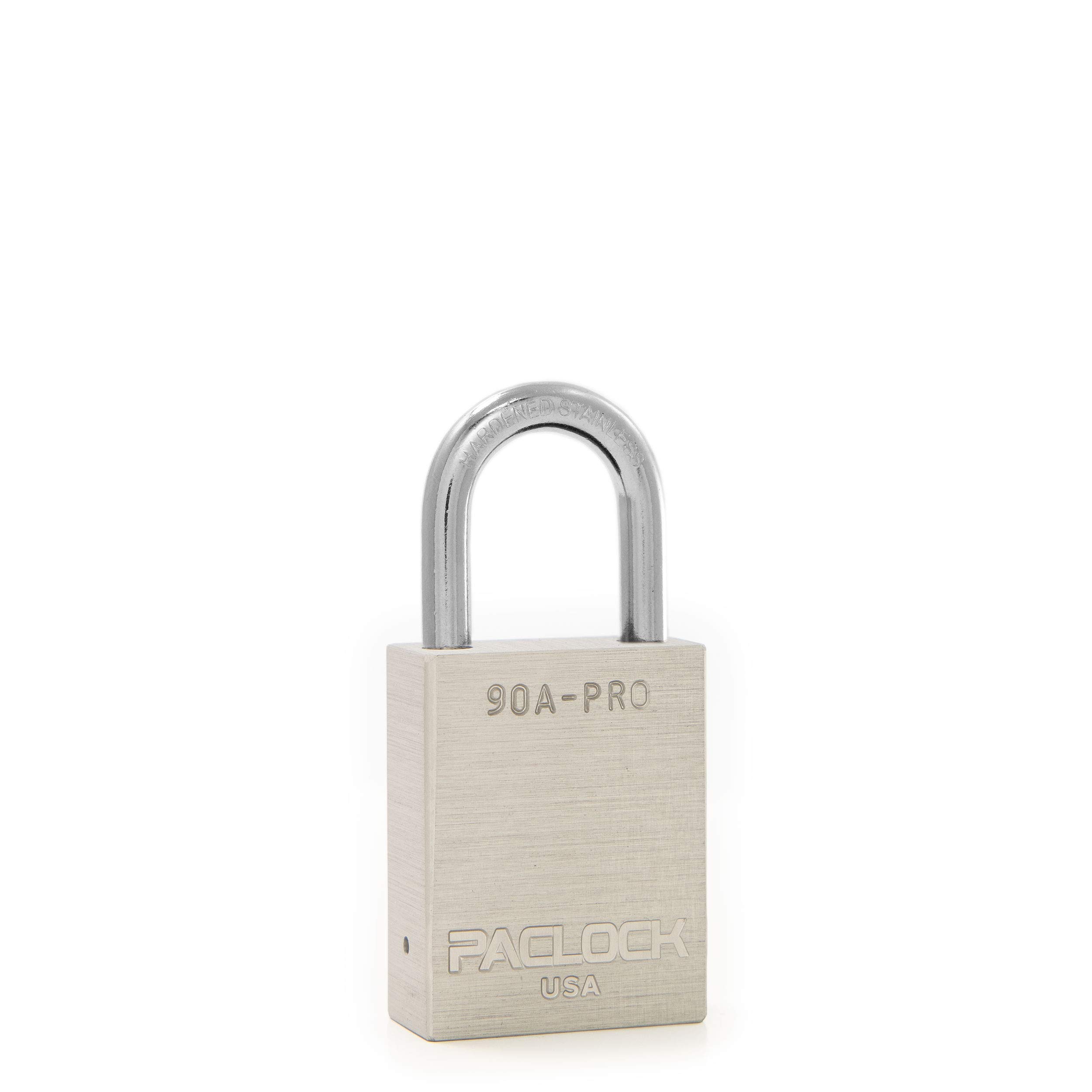 PACLOCK's 90A-PRO Padlock, 1/4" Diameter Hard. Stainless Steel Shackle, 1-3/16" Tall, High Performance 7-Pin Cylinder w/ 1 Key, Keyed Alike, Silver