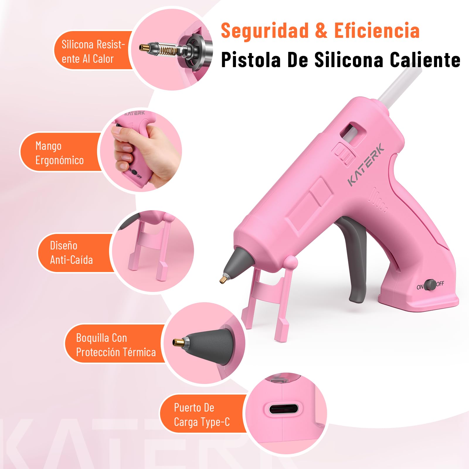 Katerk Pistola de Silicona Caliente, 2000mAH Pistolas de Pegamento Caliente Inalambrica con 15x7mm Barra de Pegamento, 90S Calentamiento, Pistola Cola Quente Adecuada Uso Casero, DIY - Rosa