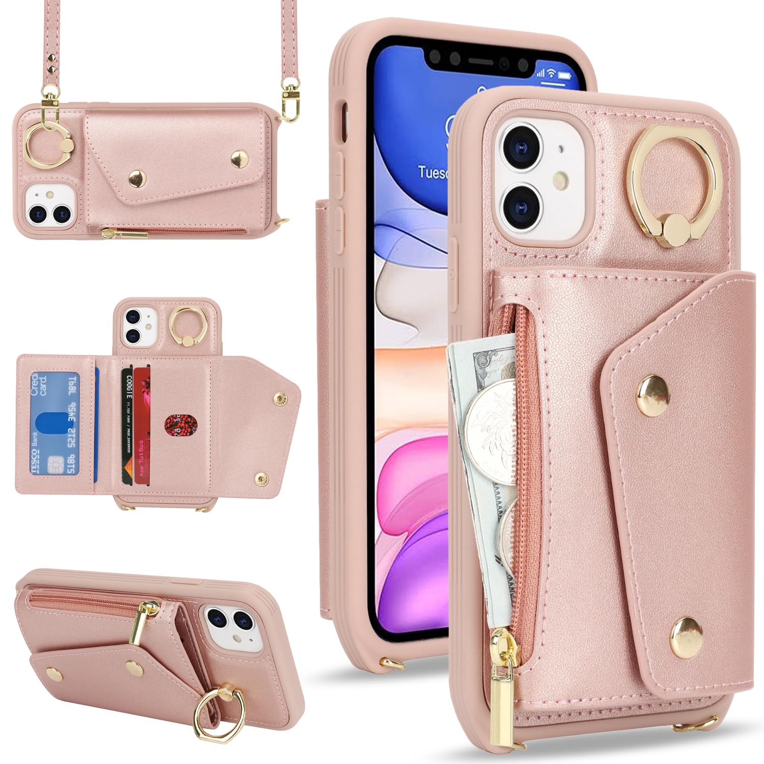 Netany Cover per iPhone 11 con Cordino, Flip Portafoglio Custodia in Pelle, [2 Porta Carte][Chiusura Magnetica],Custodia Libro Antiurto Cover con Laccio per iPhone 11 (6,1 Pollici) (Rosa