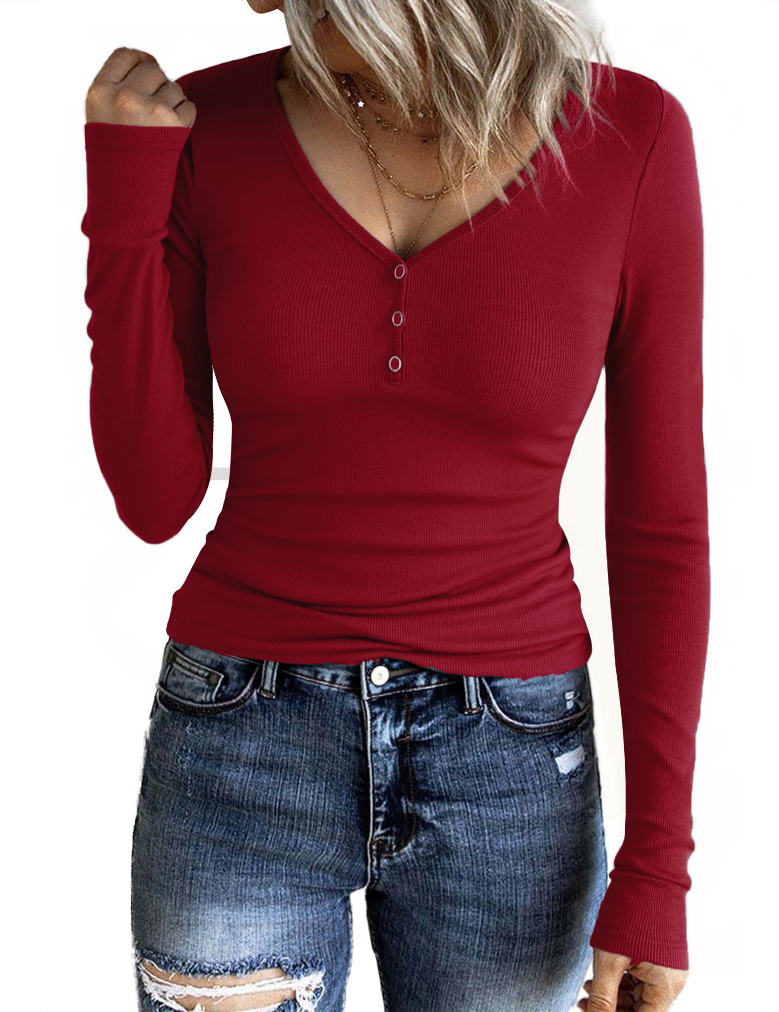 Aottori Damen Langarmshirt V-Ausschnitt mit Knöpfen Oberteile Gerippt Slim Fit Pullover Elegant Stretch Tee Shirt Langarm Casual Basic Tops