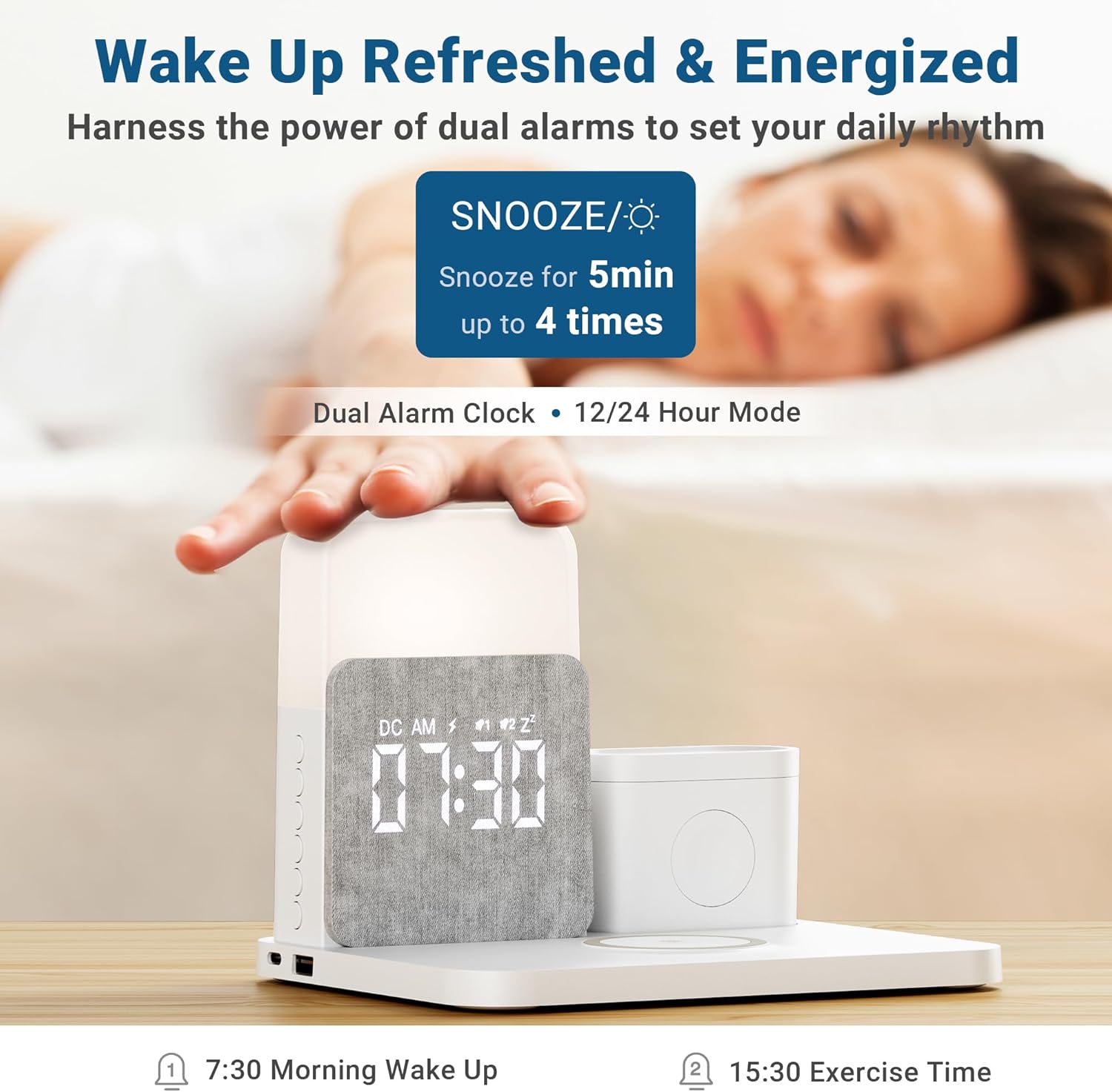 RichBird Wireless Charging Station displaying the digital alarm clock with snooze function.