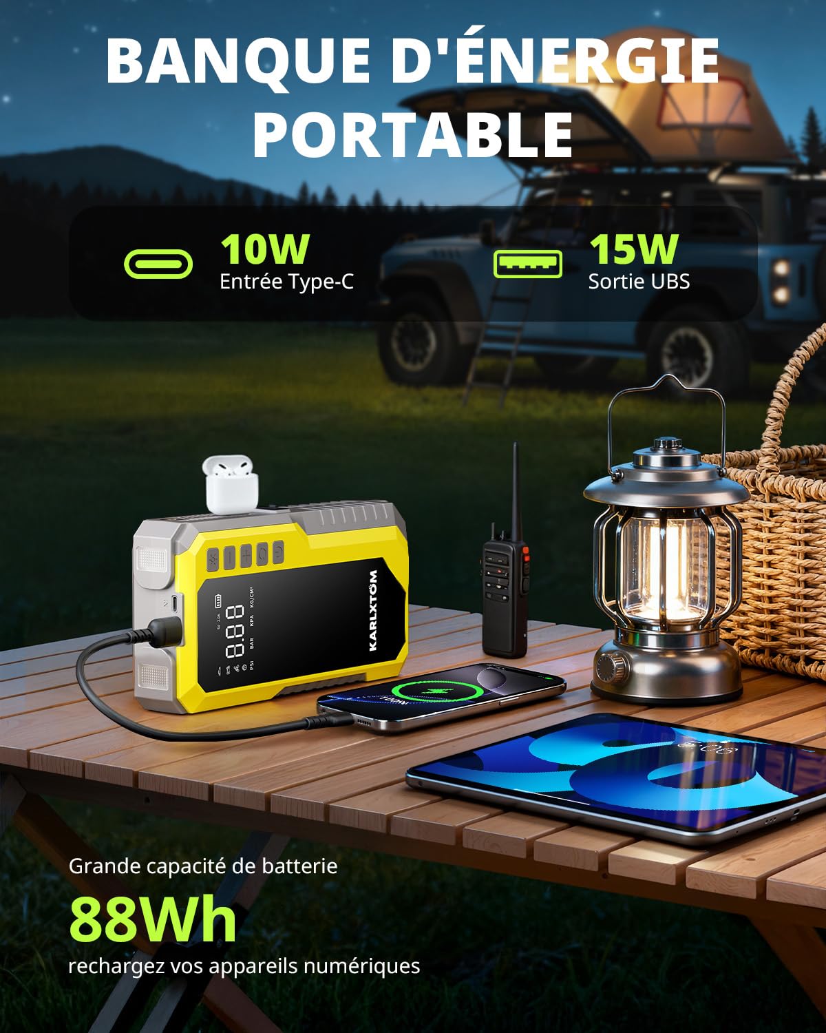 Karlxtom Booster Batterie Voiture avec 190 PSI Gonfleur, 12V Booster Voiture Puissant(Tous Gaz ou 10L Diesel), Écran LCD, 500LM Eclairage de Secours, Banque d'alimentation