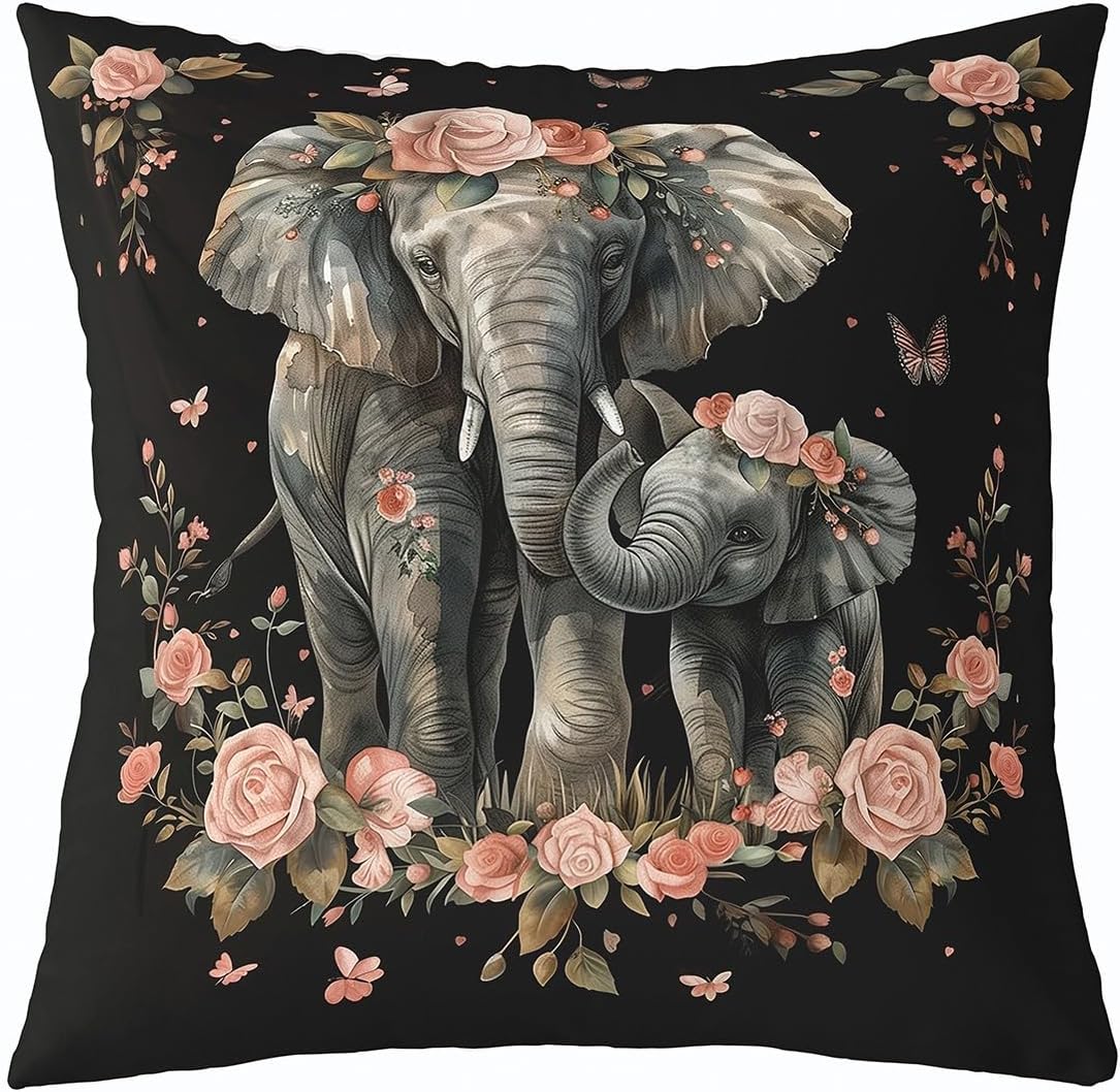 Flowers Rustic Garden Botanical Double Sides Print Pillow Cover for Sofa Couch Chair,Ethnic Elephant Wildlife Animals Throw Pillow Case Cover,Elephant Single Pack Cushion Cover Room Decor,24"x 24"