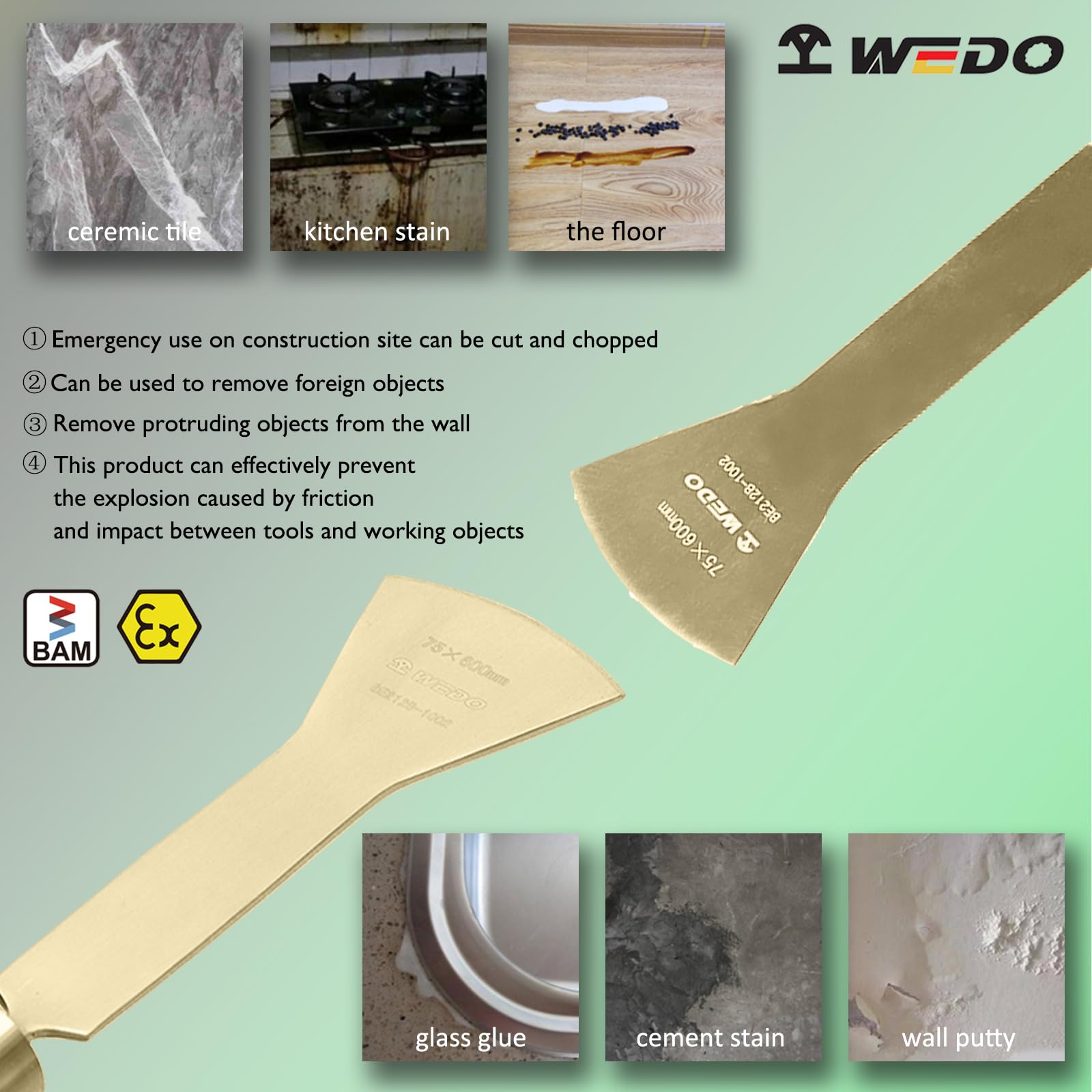 WEDO Raschietto ad arco non scintillante,Lama raschiatore pavimento 75x75mm,Lunghezza 600mm,Coltello stucco in bronzo alluminio,Spatola raschiatore senza scintilla,Certificato BAM/FM, Ampiamente usato