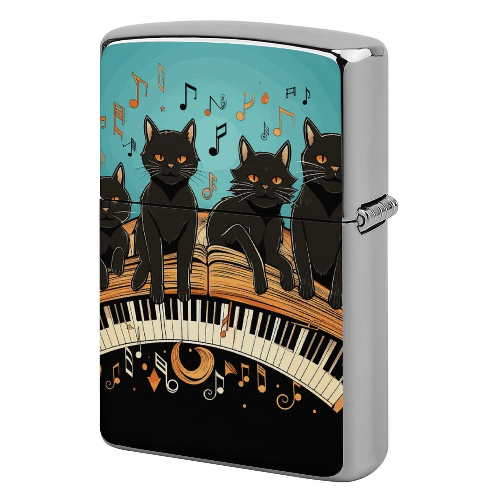 Four Black Cats Lying on The Piano Keyboard Lighter Case for Men, Personalized Lighter Cover for Valentine's Day Gifts, Flip-Top Lighters Shell for Outdoor, Portable Lighters Protective Sleeve