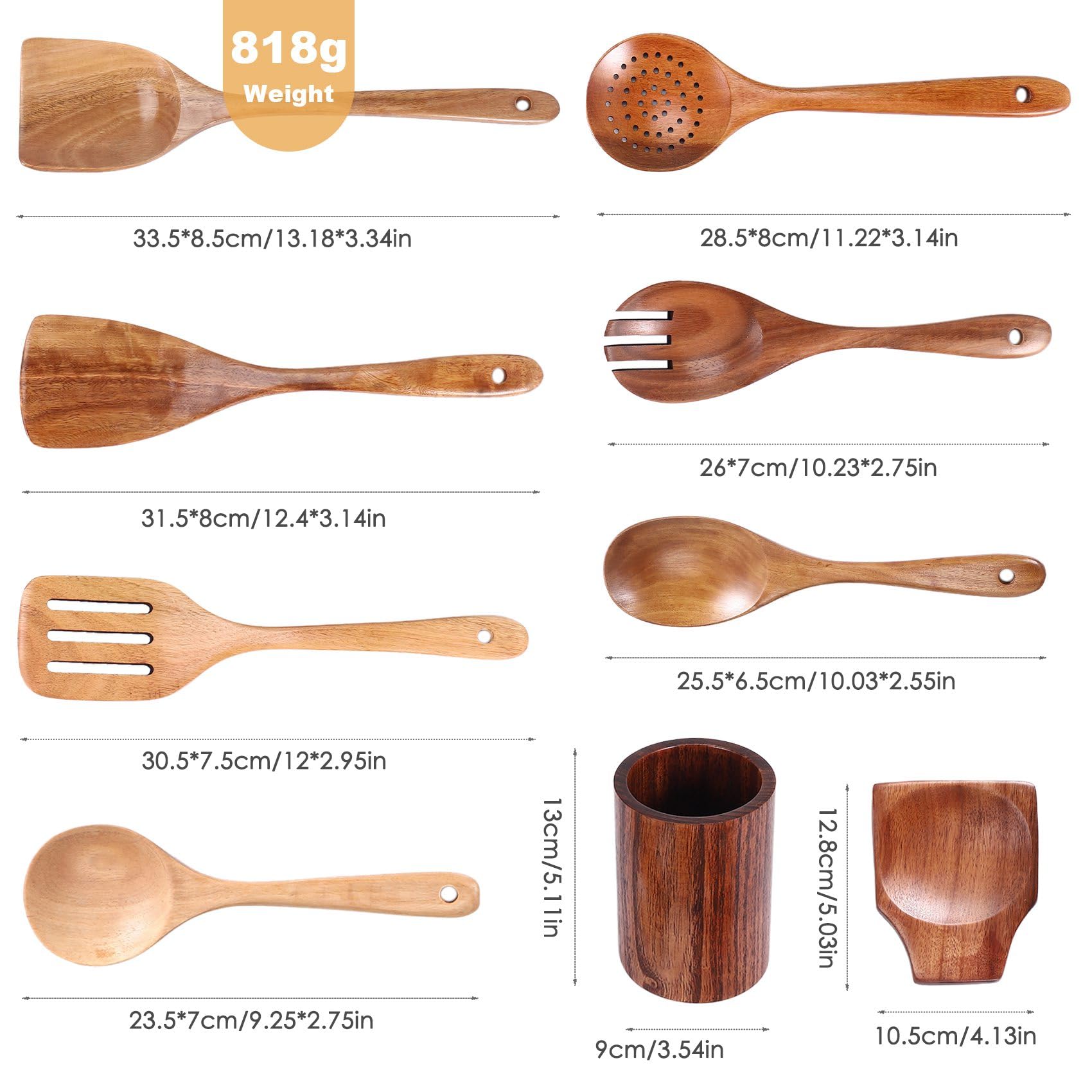 9PCS Kochbesteck-Set mit Halter, Kochlöffel, Pfannenwender Schöpfkelle Schaumlöffel, Spatel, Holzlöffel zum Kochen, Hitzebeständig & Praktisch, Teakholz Küchenutensilien Set