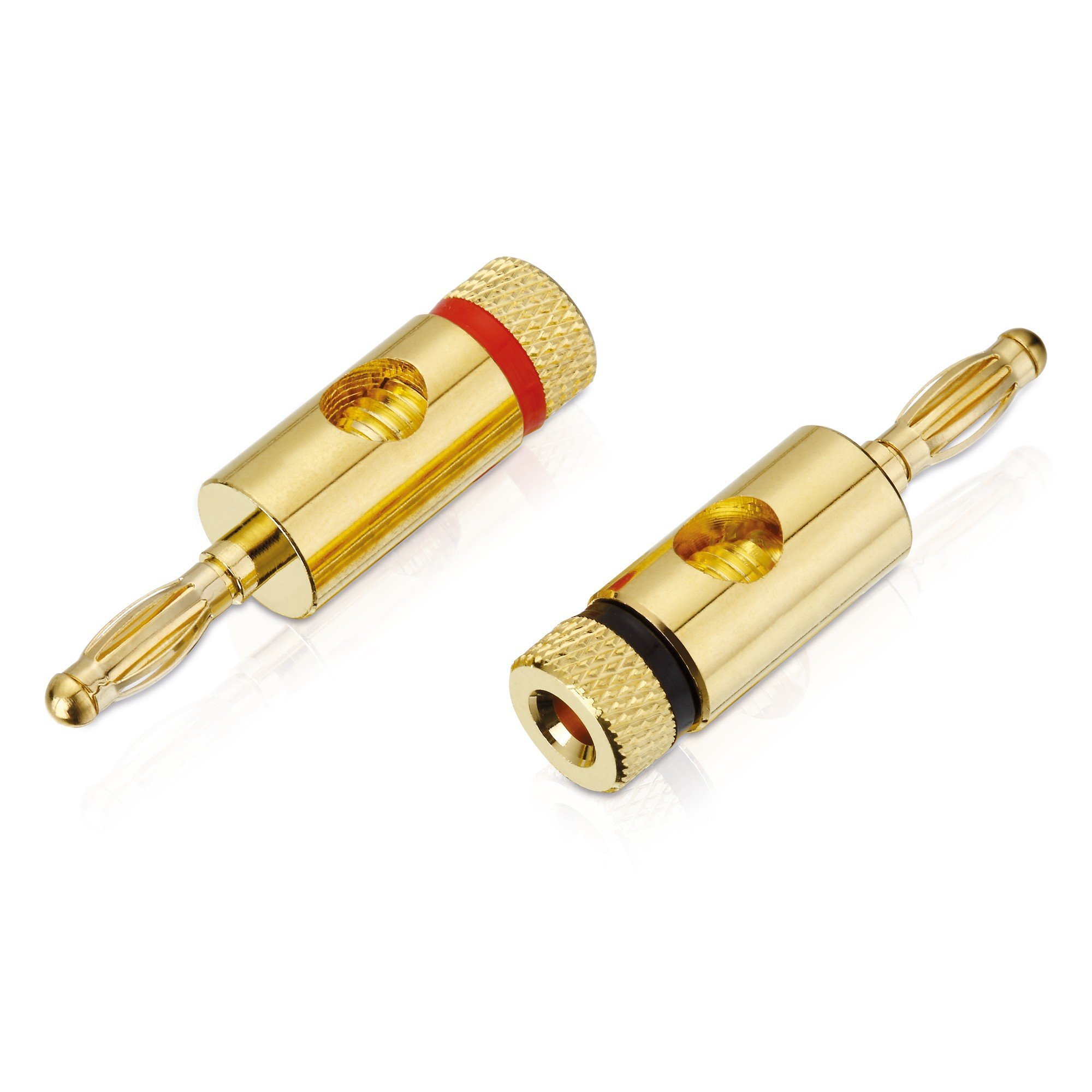 Premium wtyczka bananowa (zestaw 8 szt.) do wszystkich kabli głośnikowych o średnicy maks. 6 mm², 8 sztuk z kodem kolorowym (4 x czerwone, 4 x czarne), pozłacane 24-karatowym złotem