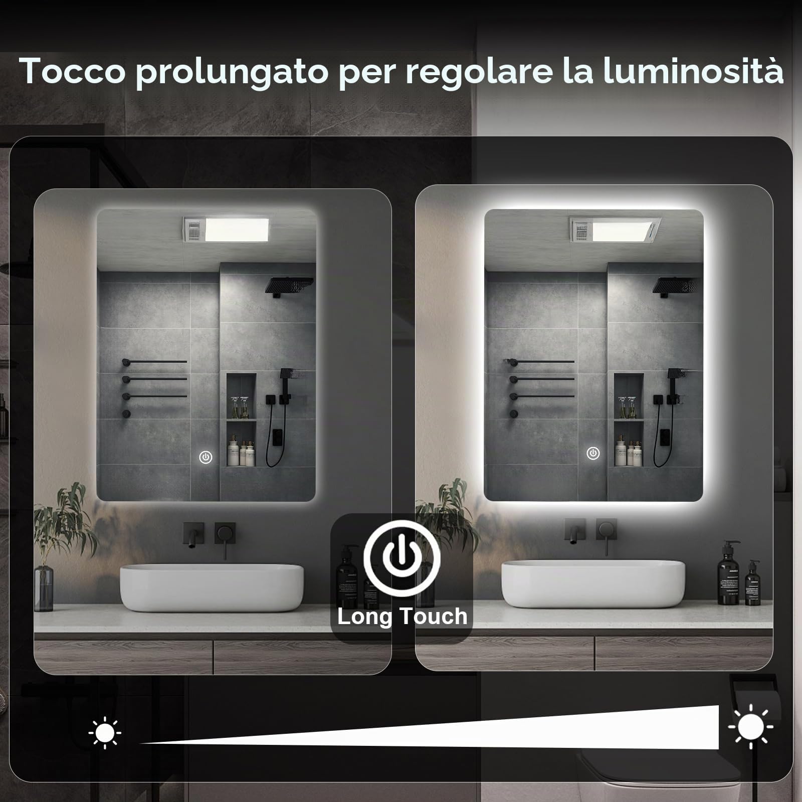 Specchio da bagno a LED per sopra il lavandino, 45 x 60 cm, specchio da bagno elettrico con luci retroilluminate per doccia e rasatura, montaggio a parete, dimmerabile, illuminazione a 3