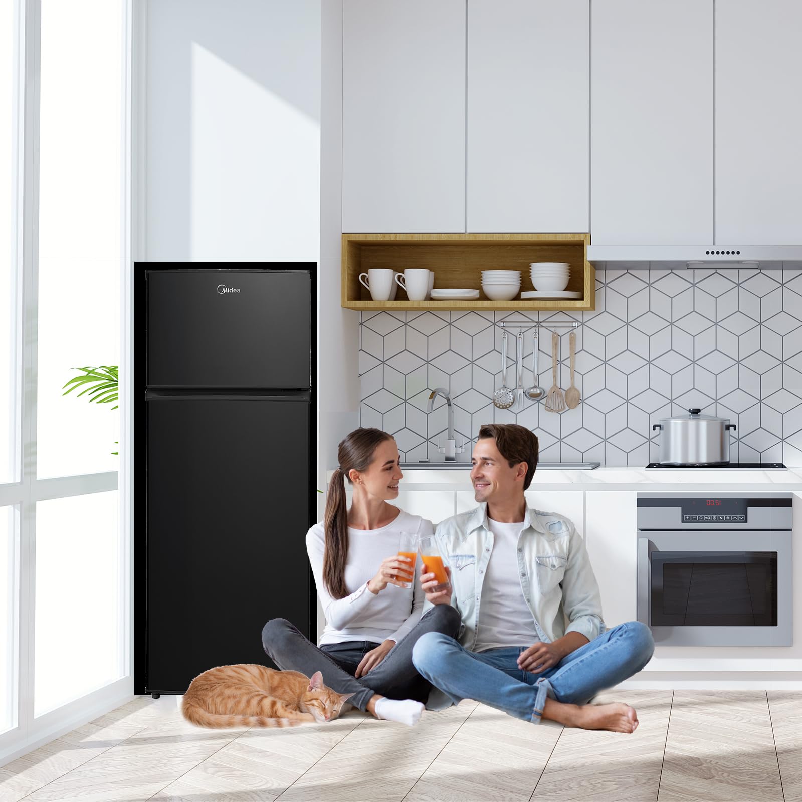 Midea MERT210FGE30 Frigo-congelatori doppia porta 204 L, Congelatore da Montare in Alto, 176kWh/annum, controllo della temperatura regolabile, Luce LED, Nero