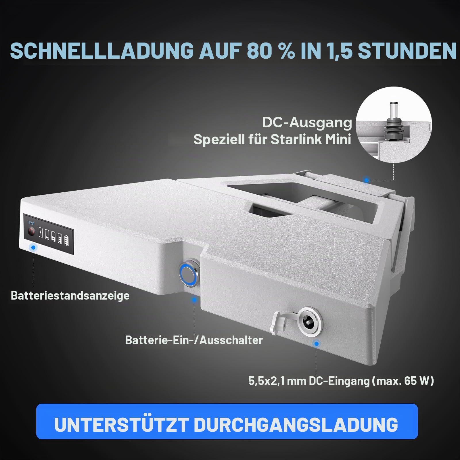 E100 Starlink Mini-Akku-Pack mit Ladegerät, 99 Wh / 27.600 mAh Kapazität, flugtauglich (Handgepäck), bis zu 5 Stunden Laufzeit, IP65 Wasser- und staubgeschützt, Pass-Through-Laden unterstützt
