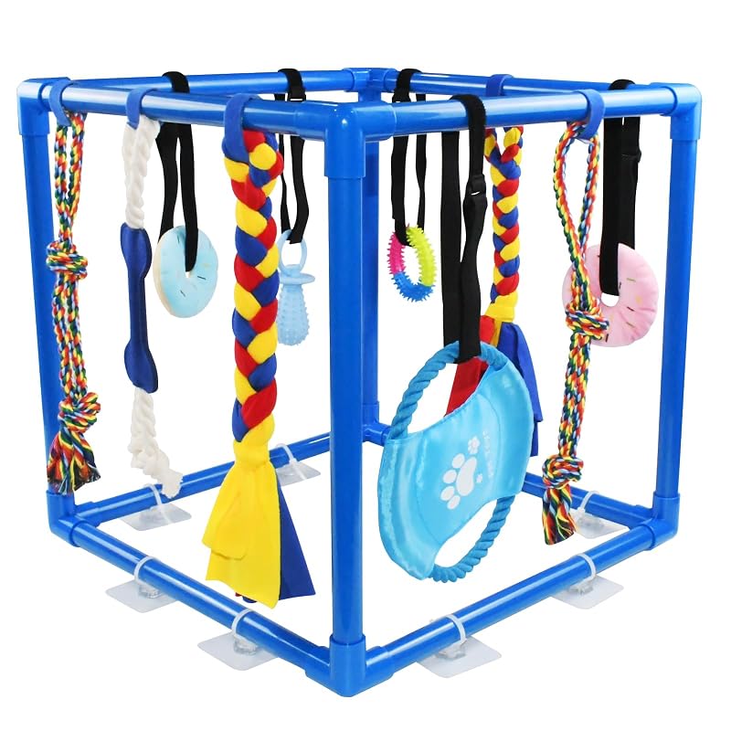 Brinquedo interativo de corda para filhotes e cães pequenos ASOCEA com estrutura ajustável e 10 brinquedos suspensos Blue
