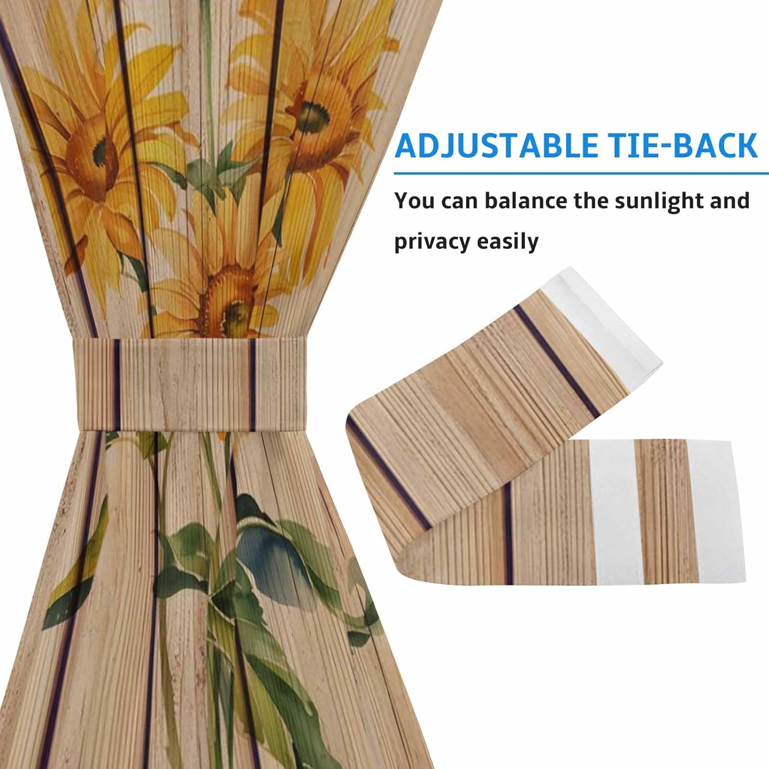 Sunflower Door Curtains 54x72 Inches, Rustic Wooden Board French Door Curtain Light Filtering Flowers Sidelight Curtains for Patio Door/Sliding Door/Outdoor