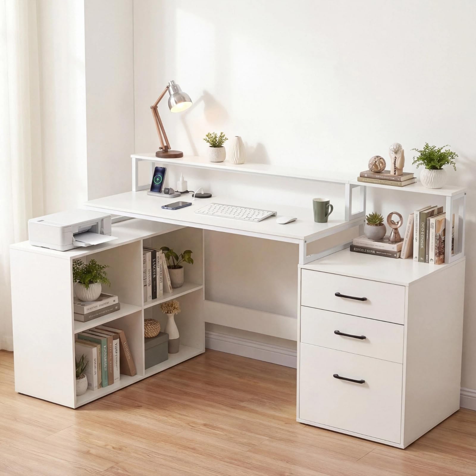 KOMFOTTEU L-förmiger Eckschreibtisch mit Ladestation, 166 x 90 cm, Gaming-Schreibtisch mit Schubladen, Computertisch und Platz für den Drucker, für Arbeitszimmer, Büro und Schlafzimmer, weiß