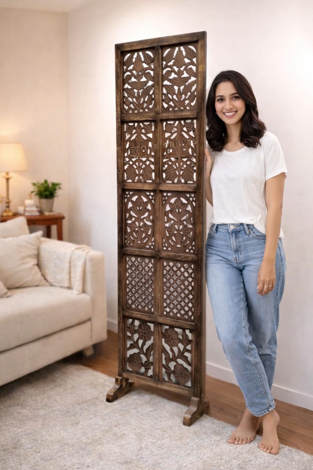 Wooden Carved Room Divider Screen, Brown, Freestanding Panel, Decorative Lattice Design, 5 Panel Folding Privacy Screen