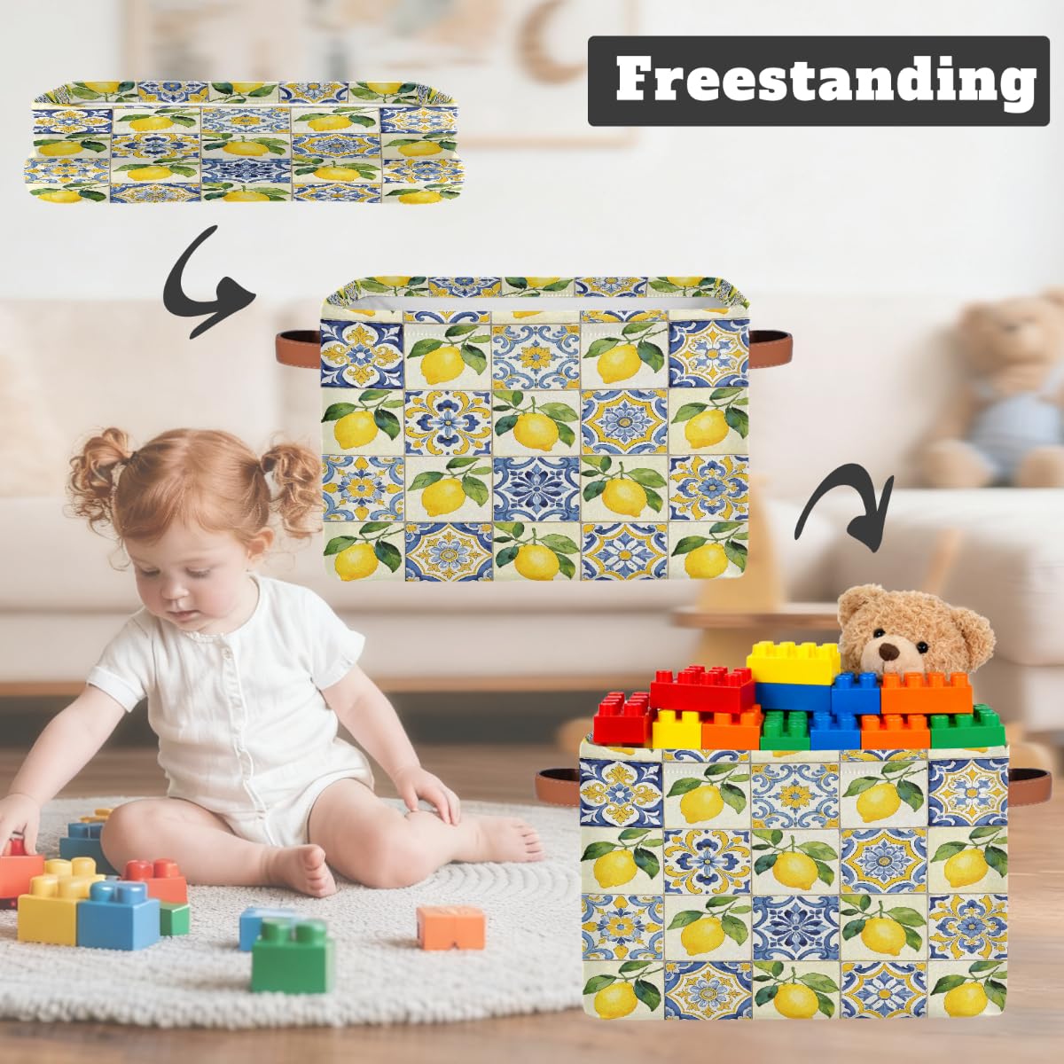 Rechteckiger Aufbewahrungskorb mit Ledergriffen, Retro-Sommer, Zitronenmuster, 2 Stück, faltbarer Stoff-Aufbewahrungskorb für Schrank, Badezimmer, Wohnzimmer, Büro, Spielzeug, Organizer