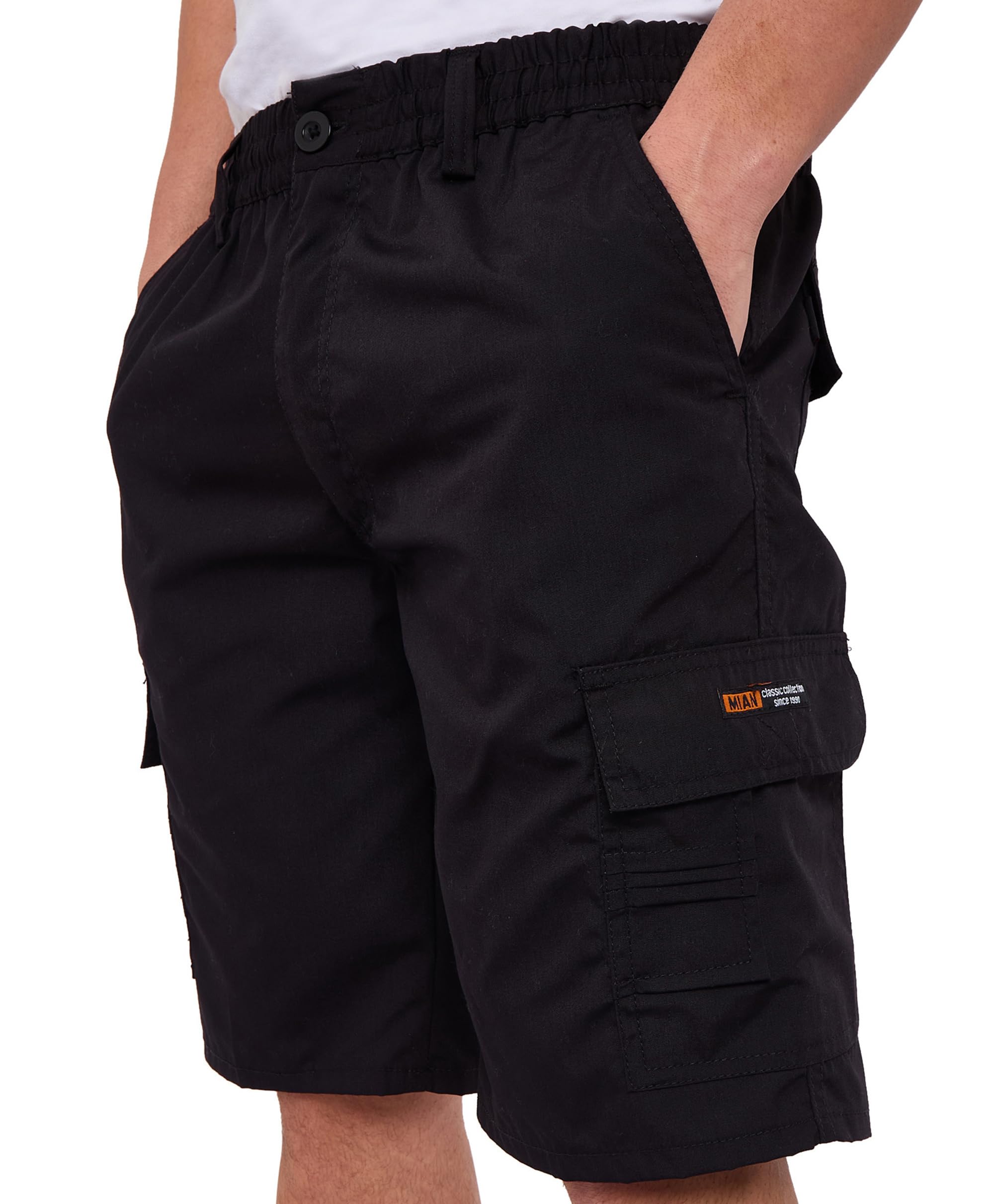 LABEL APPAREL Mens Cargo Combat Shorts Casual Cotton Elasticated Waist Regular Fit Cargo Short Workwear Half Pants, Black XXL