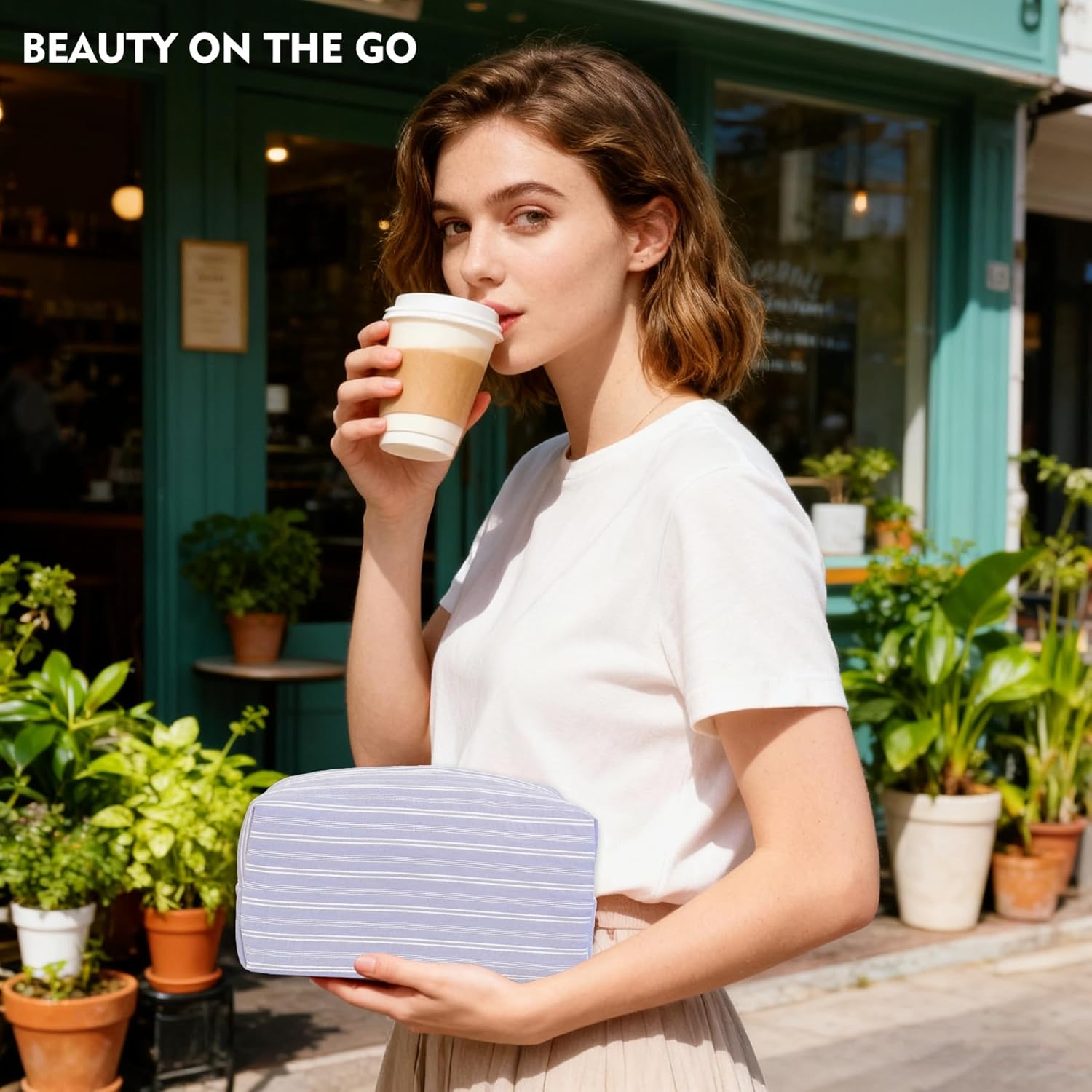 STARDW Striped Cotton Makeup Bag, Cute Cosmetic Pouch with Canvas Lining & Zipper, Travel Toiletry Bag - Image 6