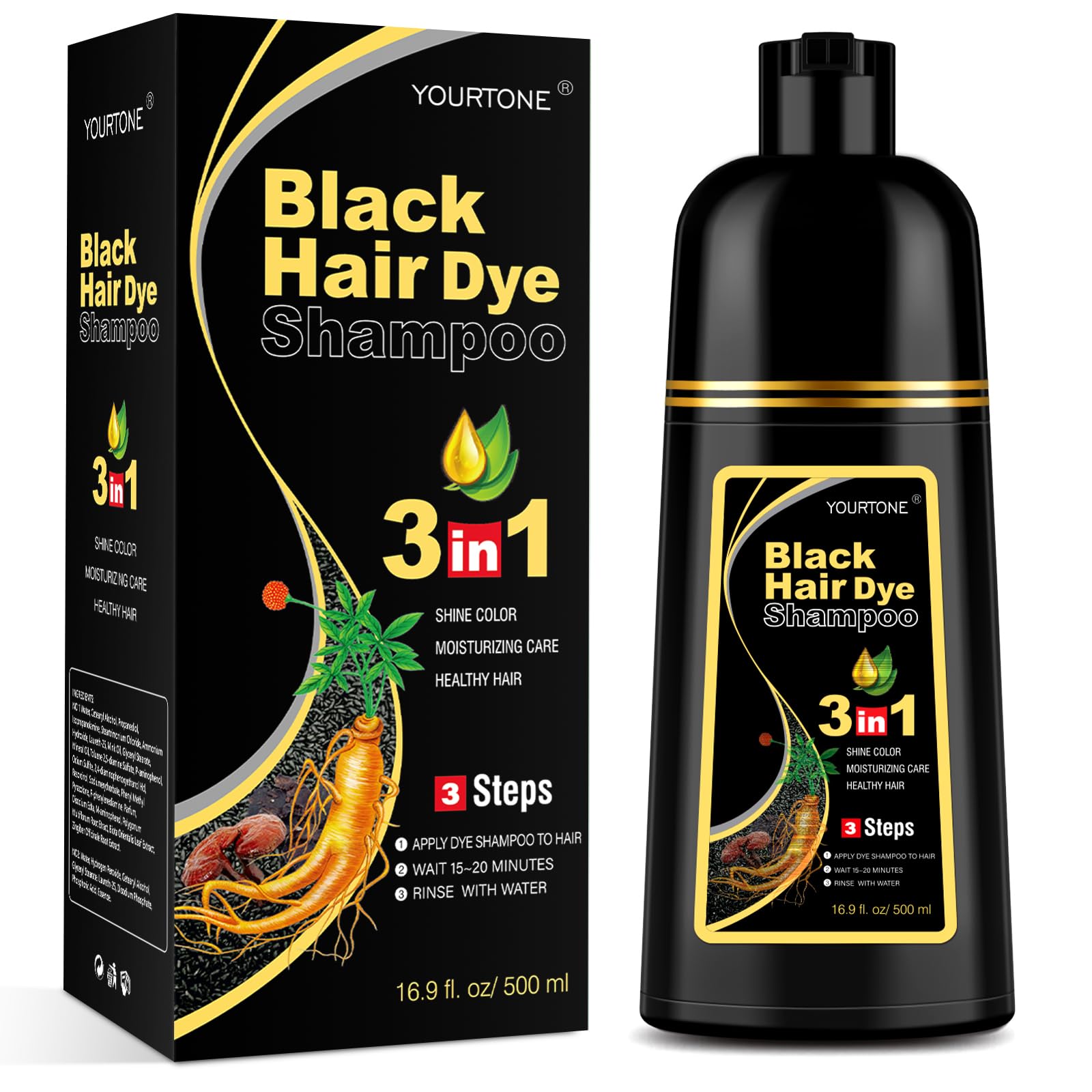 - Black Hair Dye Shampoo 3 in 1 for Gray Hair Coverage, Hair Color Shampoo for Women Men, Herbal Ingredients Champu Para Pintar el Cabello (16.9 Oz)