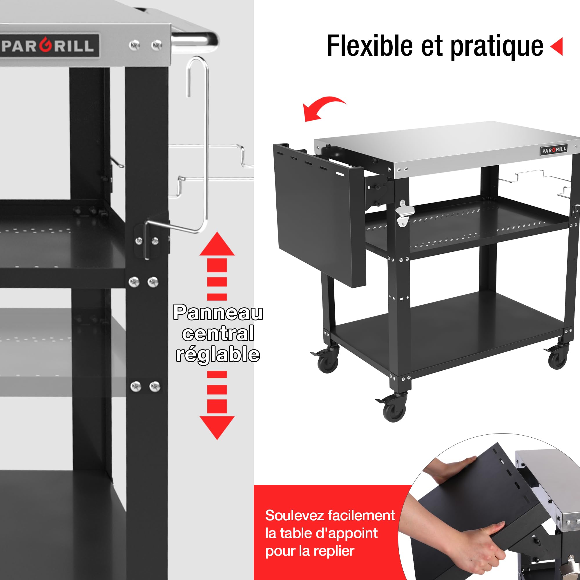 PARGRILL Chariot de Service en Acier Inoxydable à 3 Niveaux, Chariot Barbecue Extérieur avec Table d'appoint Pliable, Desserte à roulettes Pivotantes à 360° avec Frein, pour Cuisine, Barbecue, Jardin