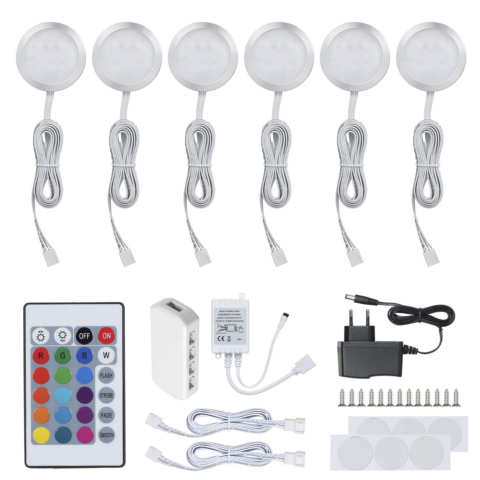 Lixada 6PCS Slim Forma Redonda RGB LED Kit de luz Debajo del gabinete Lámpara Puck Brillo Regulable Que Cambia de Color Ajustable con Control Remoto para Cocina Sala de Estar Estantería Armario