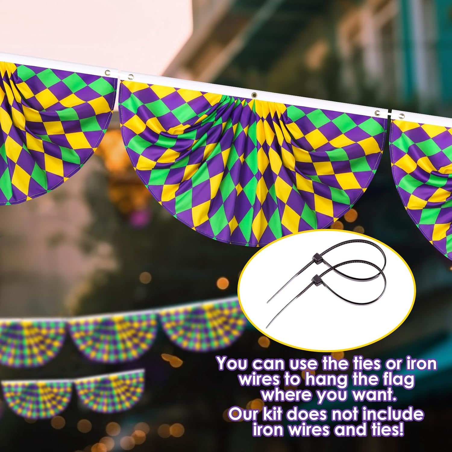 Hosuly 10 Pcs Mardi Gras Fan Flag New Orleans Mardi Gras Bunting 1.5 x 3 Ft Carnival Pleated Fan Bunting with Brass Grommets for Carnival Indoor Outdoor House Yard Decorations(Plaid)