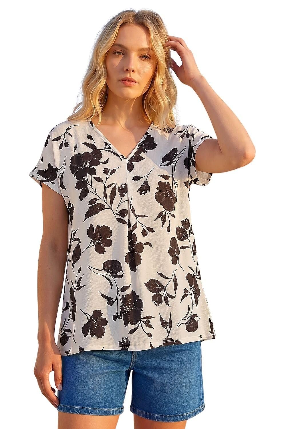 Roman Women's Black Mono Floral Print Pleat Front Top Size 12